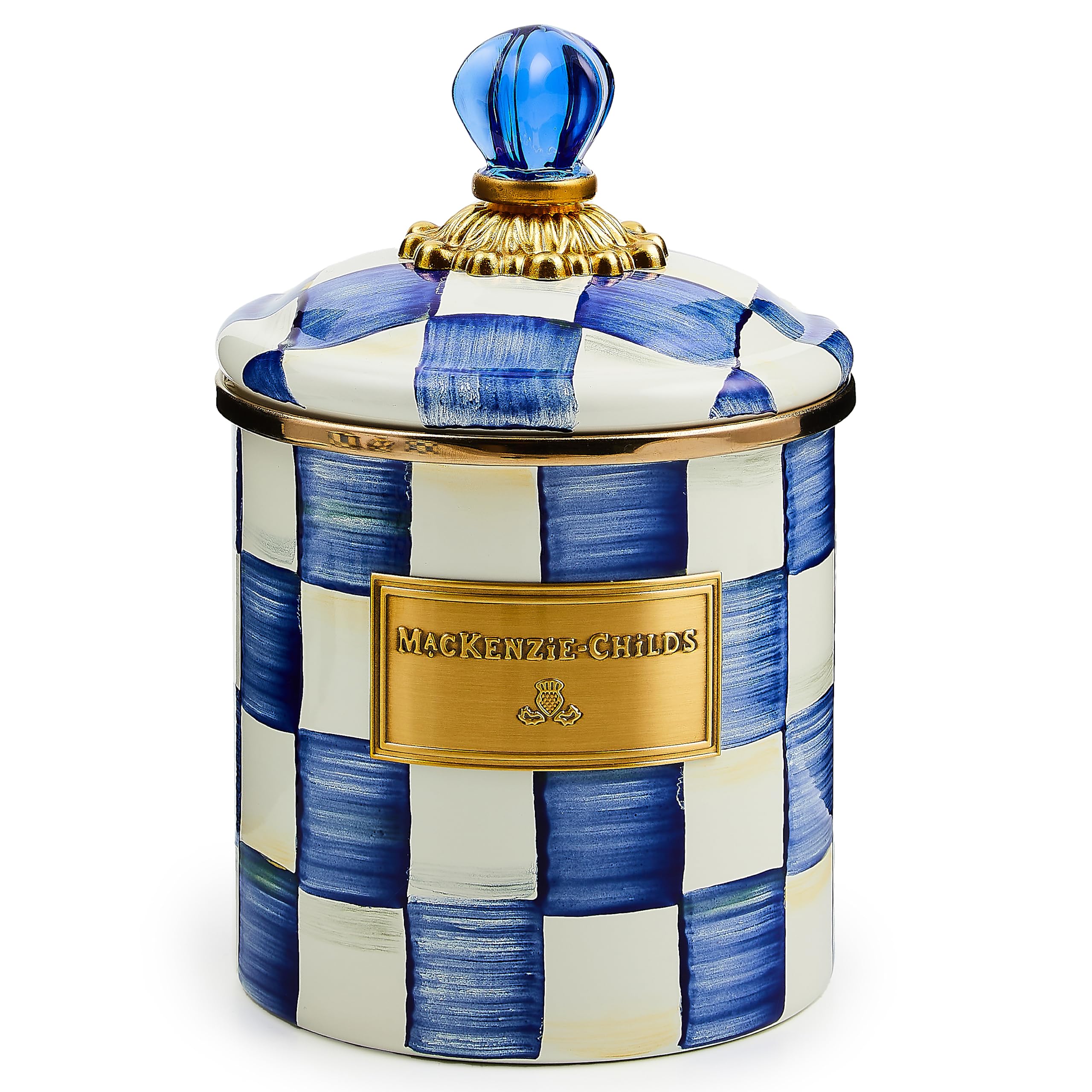 MACKENZIE-CHILDS Royal Check Enamel Canister, Blue-and-White Kitchen Storage Container with Lid, Small