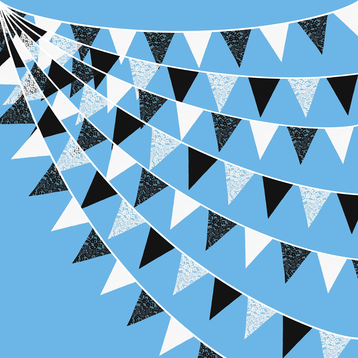 10M/32Ft Black White Pennant Banner Fabric Lace Triangle Flag Cotton Bunting Garland For Wedding Birthday Anniversary Party Home