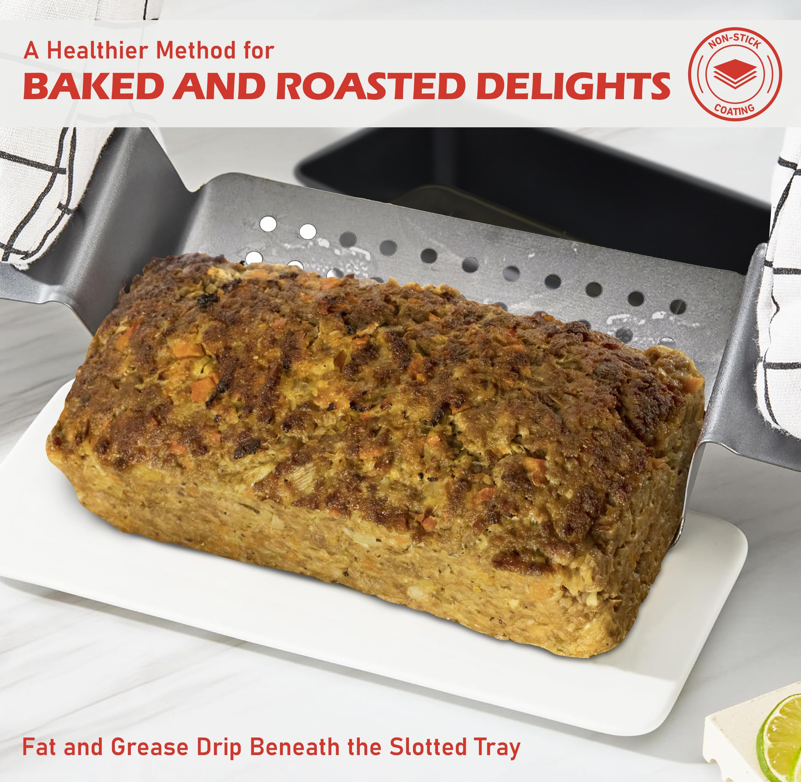 PERLLI Nonstick Meat Loaf Pan Set with Drip Tray, High-Carbon Steel, 9.8 x 5.7 In., Gray, BPA-Free, Ideal for Baking & Ro