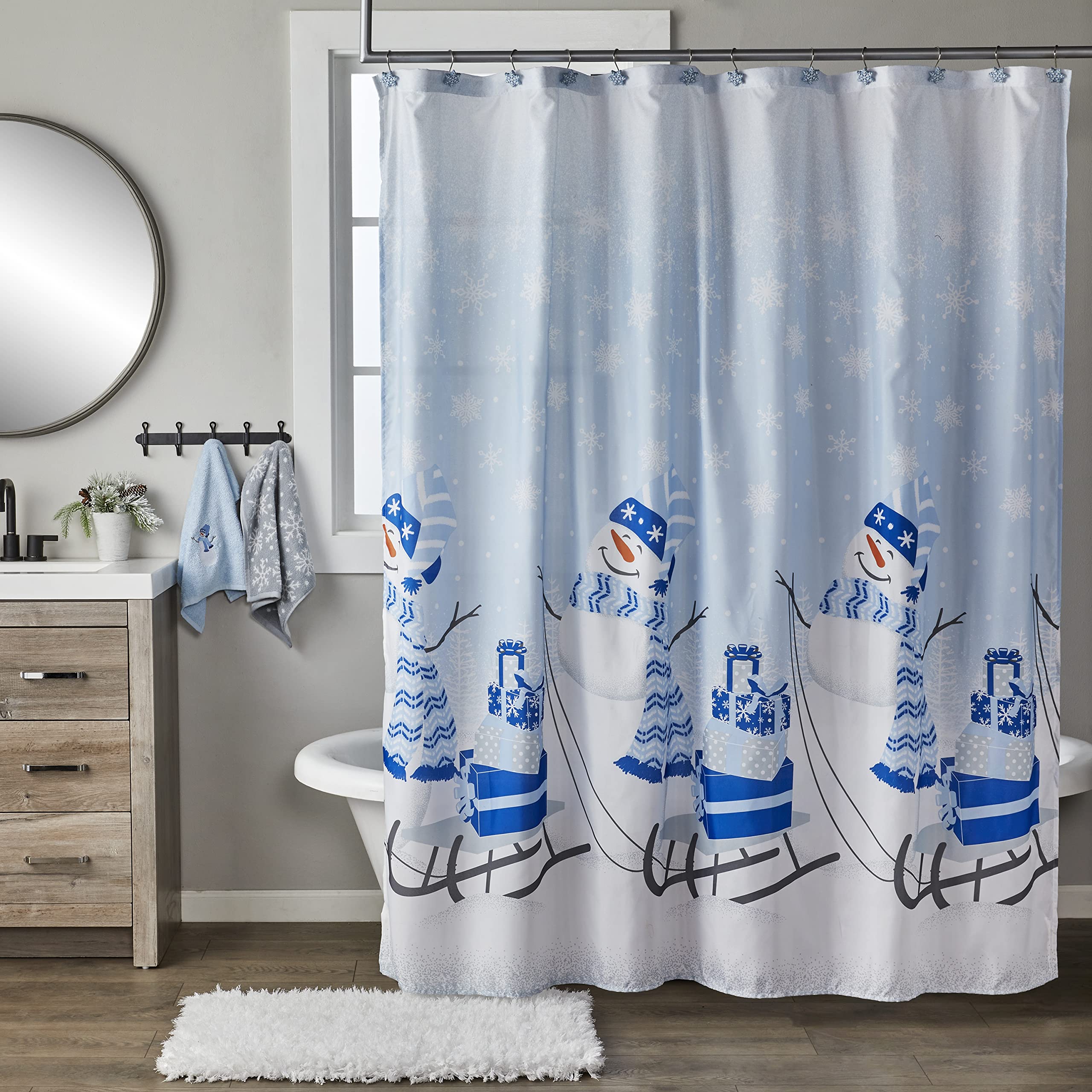 Skl Home Snowman Sled Shower Curtain And Hook Set (13-Piece), Multi