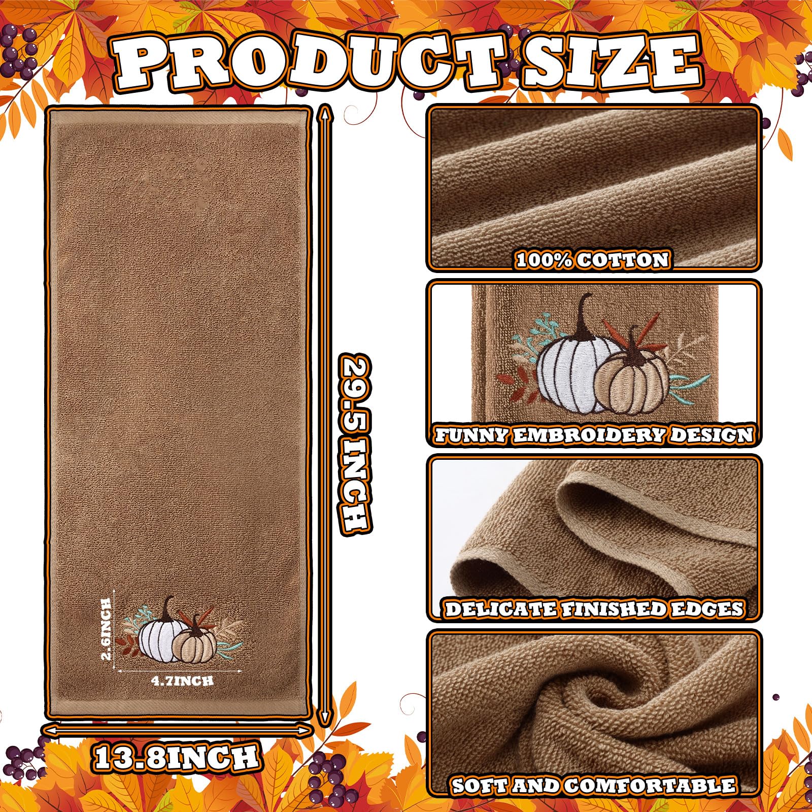 Fanfanwin 3 Pcs Thanksgiving Hand Towels For Bathroom 13.8 X 29.5'' Fall Decorative Bath Towels Sets 100% Cotton Embroidered Pum