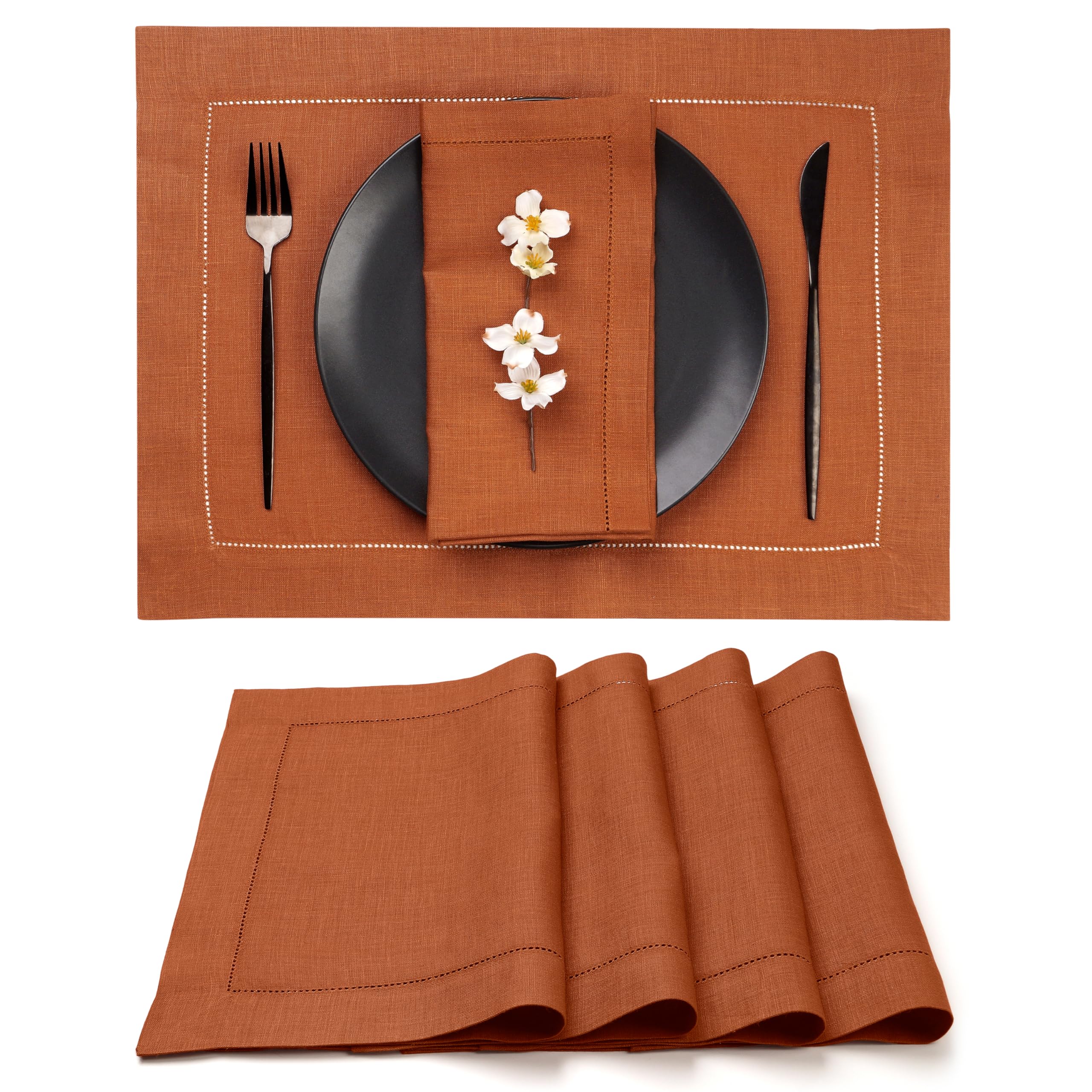 D'Moksha Homes Linen Placemats Set Of 4-100% Pure Linen Rust Placemats 14 X 19 Inch - Classic Hemstitch, Washable Rust Placemats