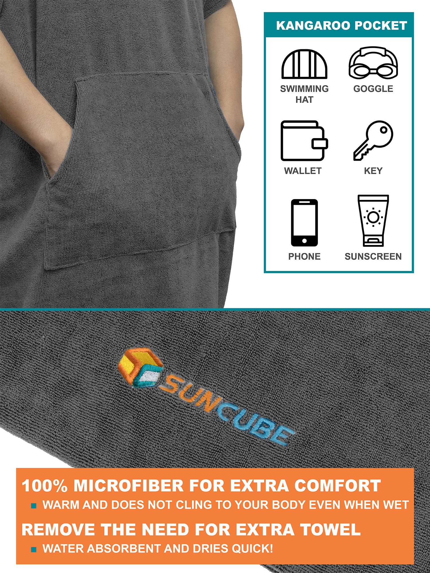 SUN CUBE Surf Poncho Changing Robe with Hood  Thick Quick Dry Microfiber Wetsuit Changing Towel for Surfing Beach Swim Outdoor Sports Men  Absorbent Wearable Towel Cover Up with Pocket  Gray