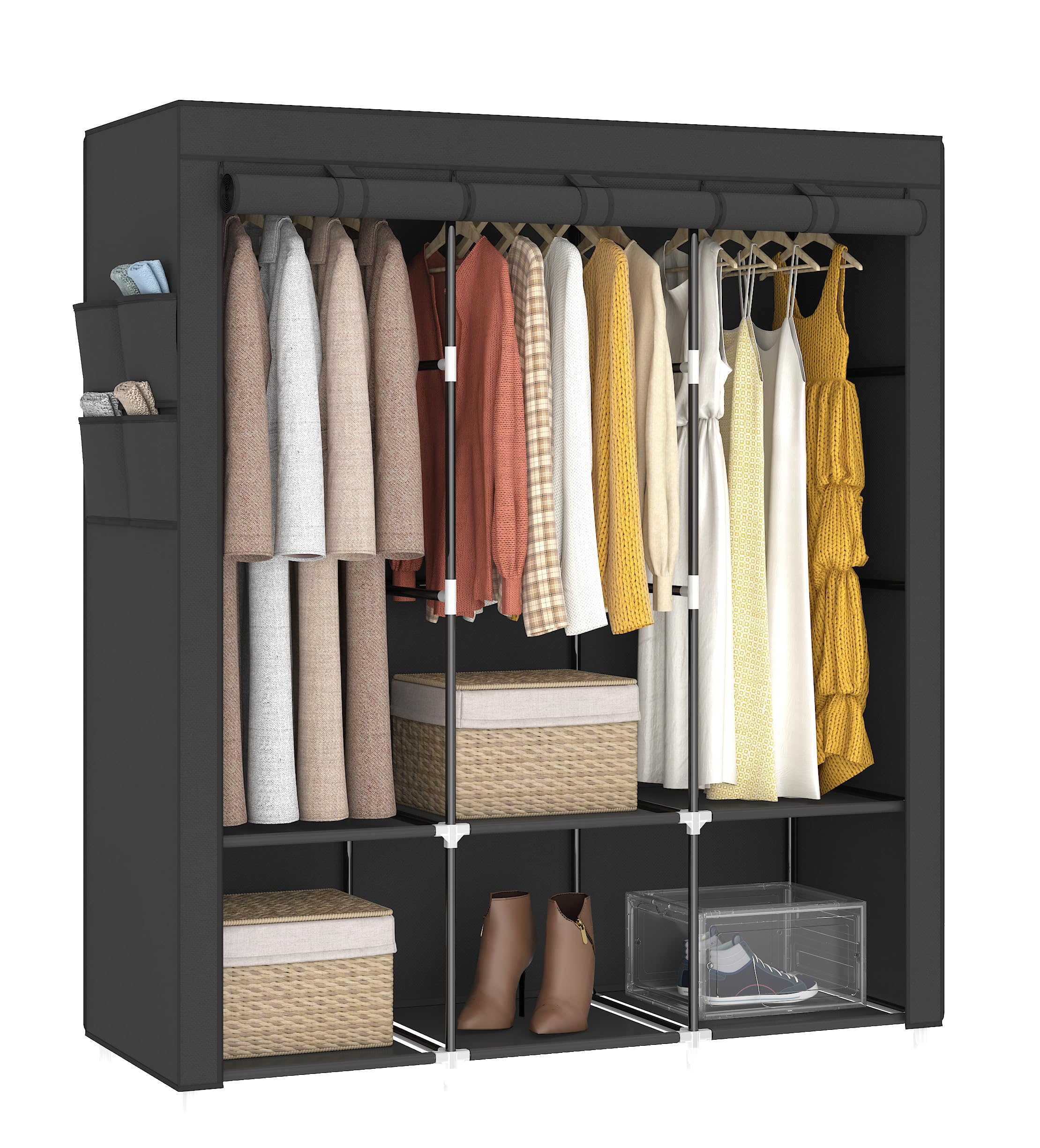 Mogelafoo 51 Inch Portable Closet Wardrobe For Hanging Clothes, Wardrobe Closet With Cover, 3 Hanging Rods, 4 Side Pockets, 6 St