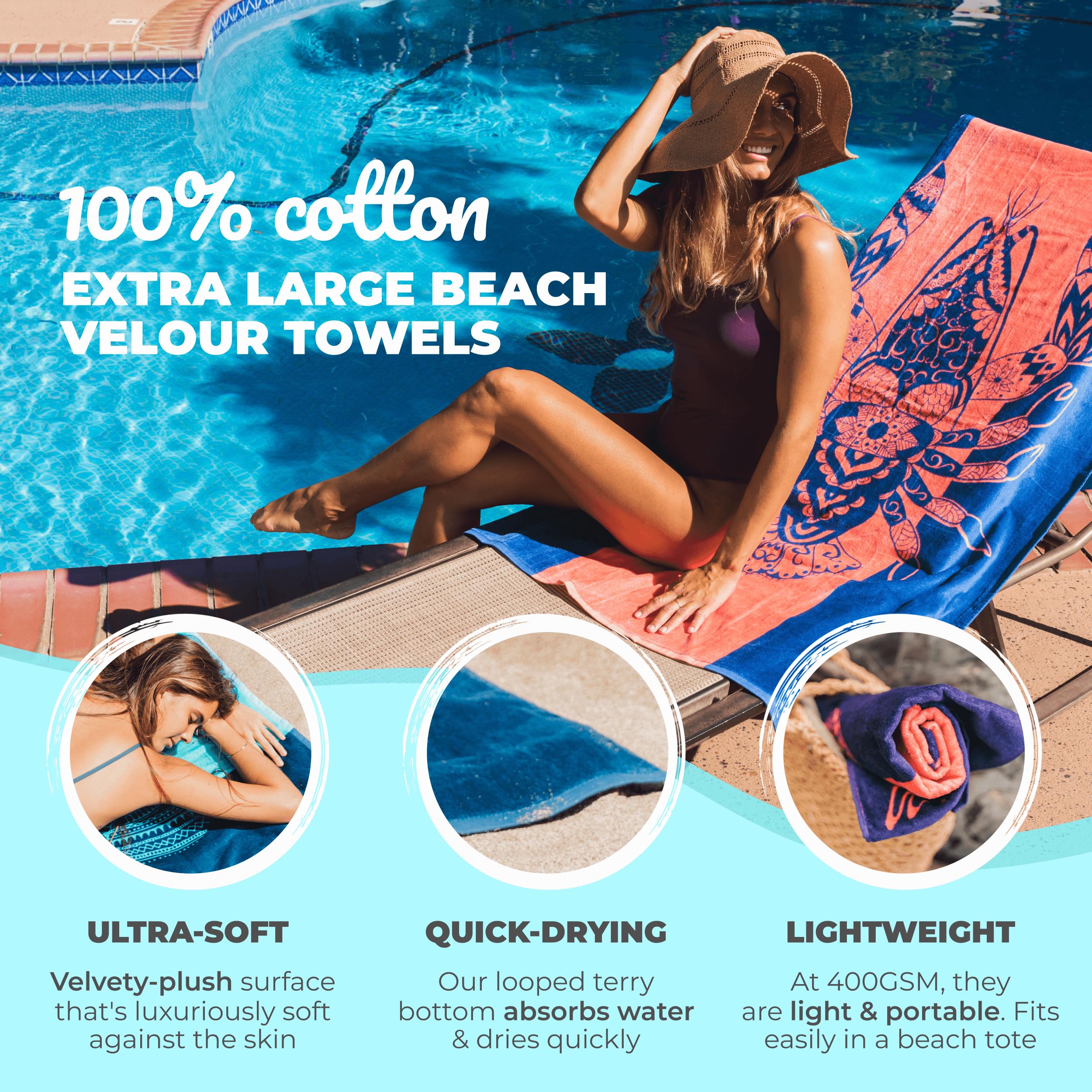 Nova Blue Lobster Beach Towel (34 X 63) - Solid Color Beach Towel Made From 100% Cotton - Coral Stripe Large Beach Towel With Tr