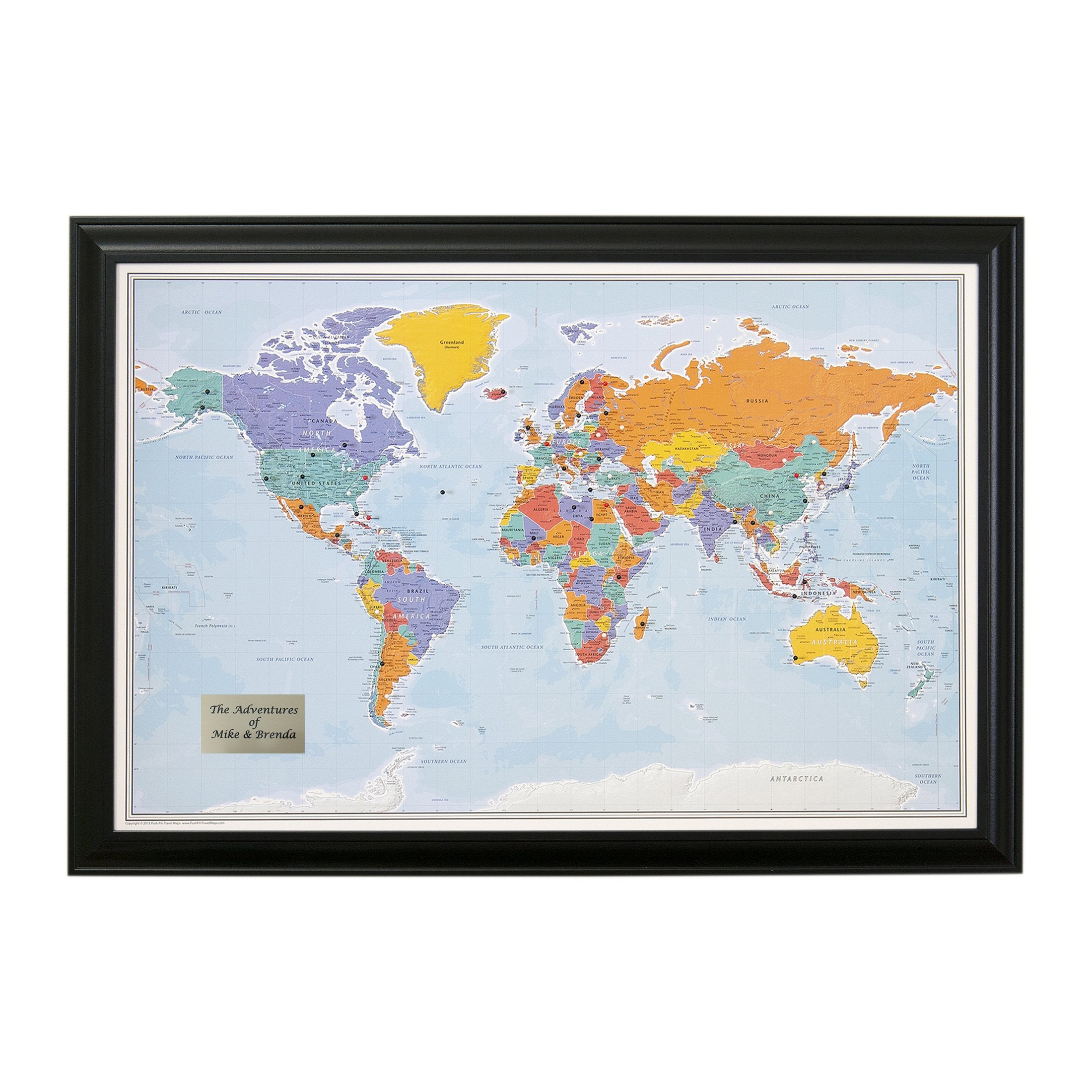 Push Pin Travel Maps - Customizable Blue Oceans World Push Pin Travel Map With Black Frame- 27.5'' X 39.5'' - 8 Handcrafted Fram