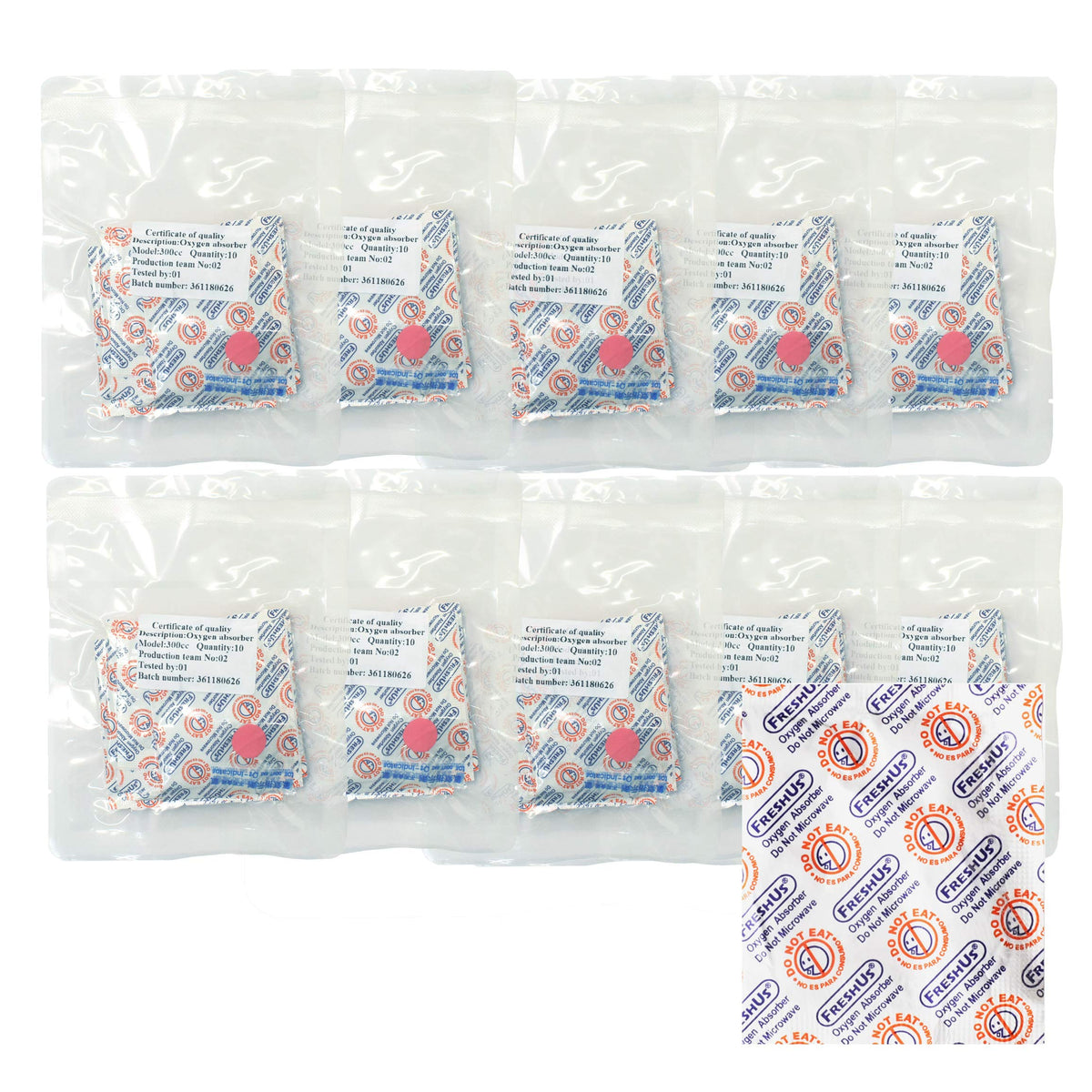 Freshus 300Cc Oxygen Absorber(10 Individual Pack Of 10 Packets, Total 100 Packets) - Long Term Food Storage (100, 300 Cc)