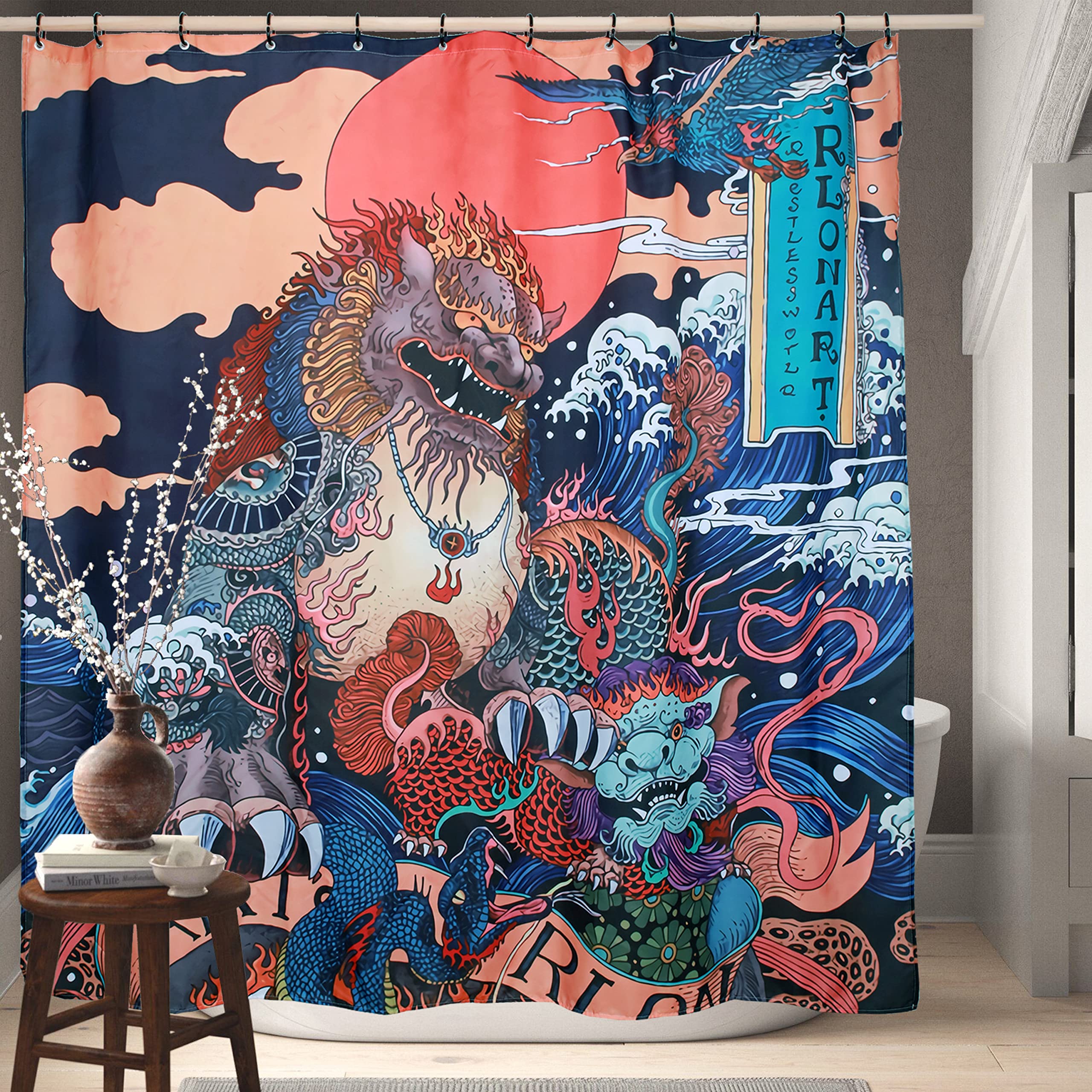 Spanker Space Colorful Asian Art Ukiyoe Chinese Mascot Kylin Great Waves Waterproof Fabric Unique Bath Shower Curtain With Hooks
