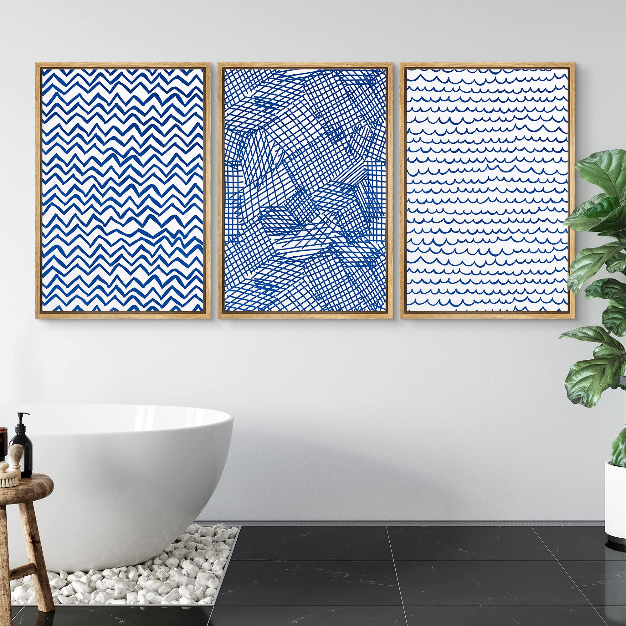 Signwin Framed Canvas Print Wall Art Blue And White Strokes In Ordered Lines Decorative Patterns Illustrations Abstract For Livi