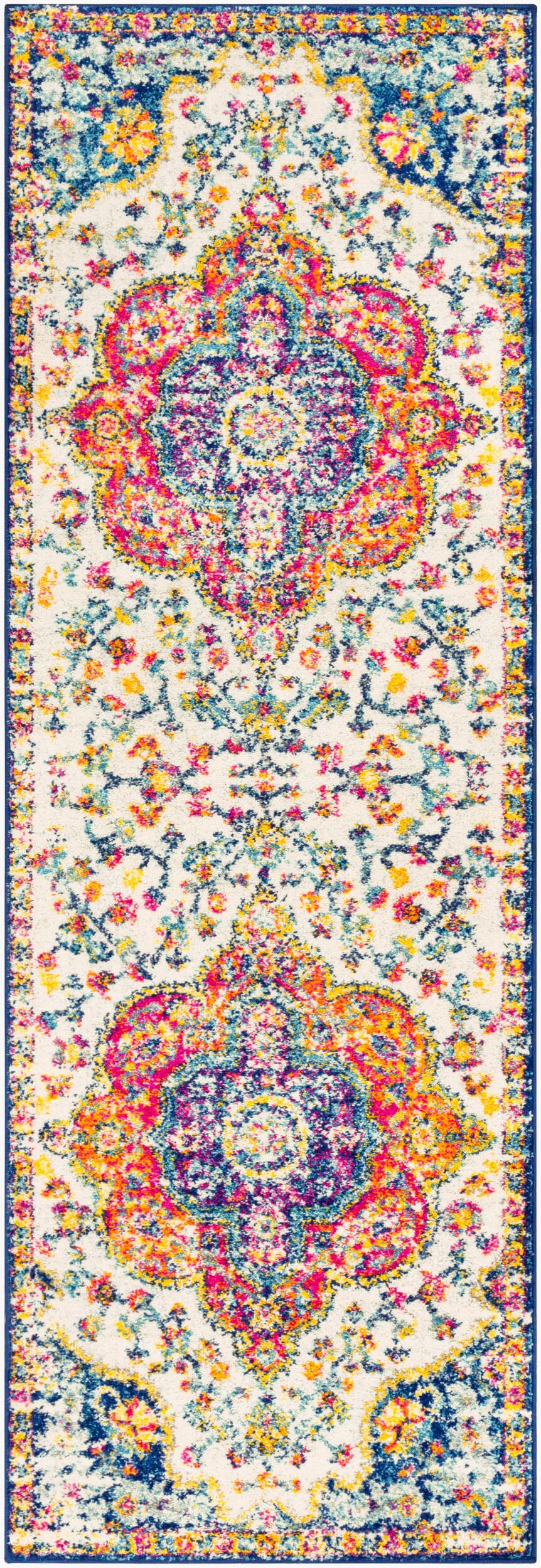 Livabliss Area Rugs - 3x10 Romaine Vintage Boho Fuchsia Mustard Blue Runner Area Rug for Living Room Bedroom - Floral Medallion