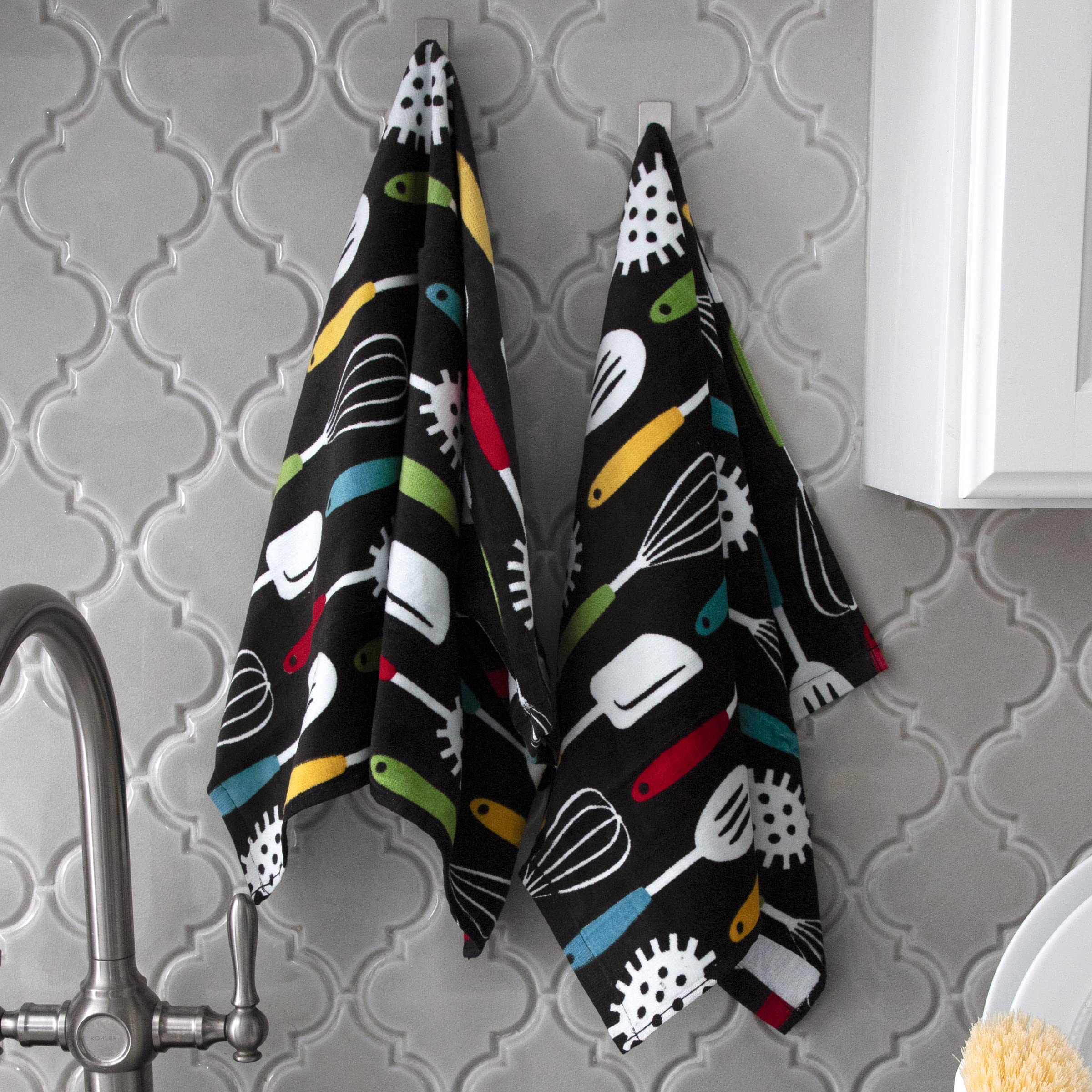 T-Fal Fiber Reactive Print Kitchen Towels: Highly Absorbent, Super Soft - 100% Cotton, 16''X28'' Dish Towels For Cleaning & Dryi