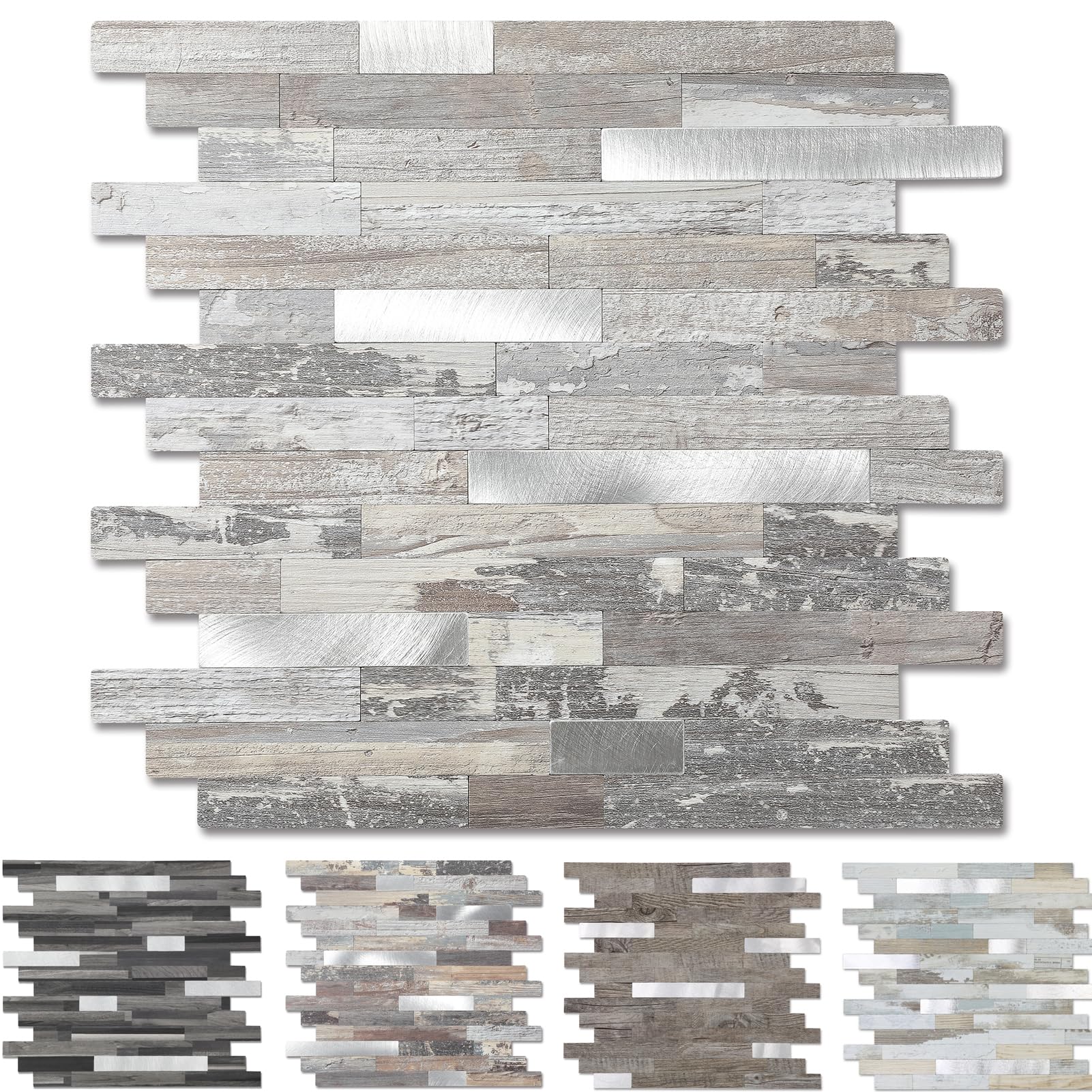 5 - Sheets Peel and Stick Wood Metal Tile Backsplash, Stick on Tiles for Backsplash Kitchen, Bathroom, Laundry Room, Camper, Fir