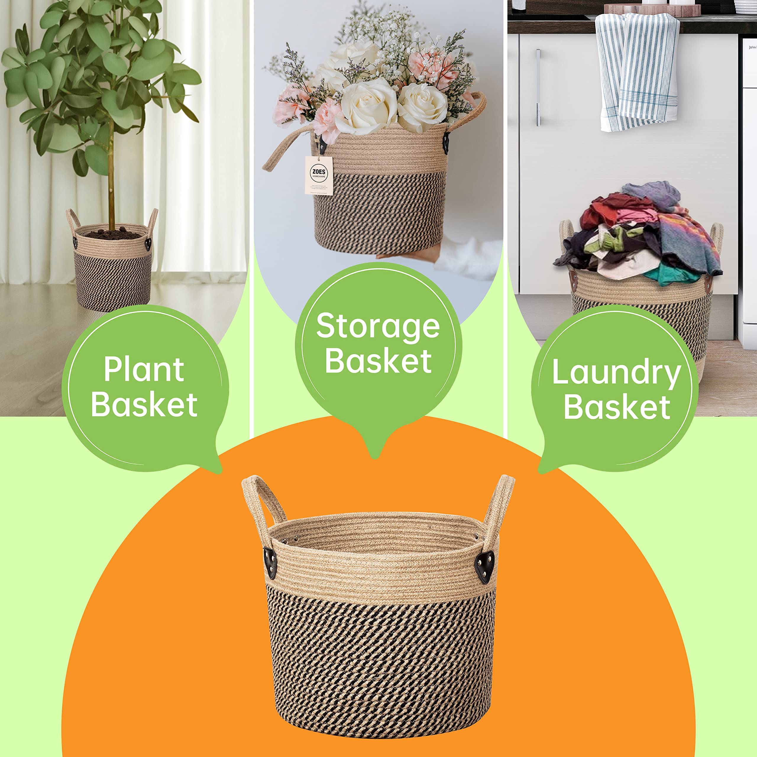 Zoes Homeware 14''X12'' Natural Jute Rope Woven Storage Basket With Handles For Plant, Blankets,Toys,Clothes,Shoes - Living Room
