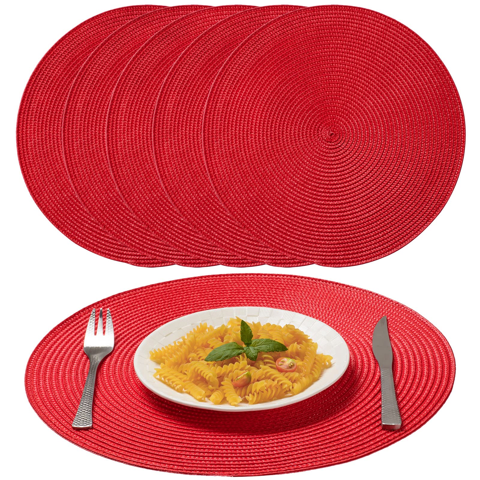 Ahhfsmei Round Braided Placemats 15 Inch Round Table Mats For Dining Tables Natural Woven Heat Resistant Place Mats Set Of 6(Red