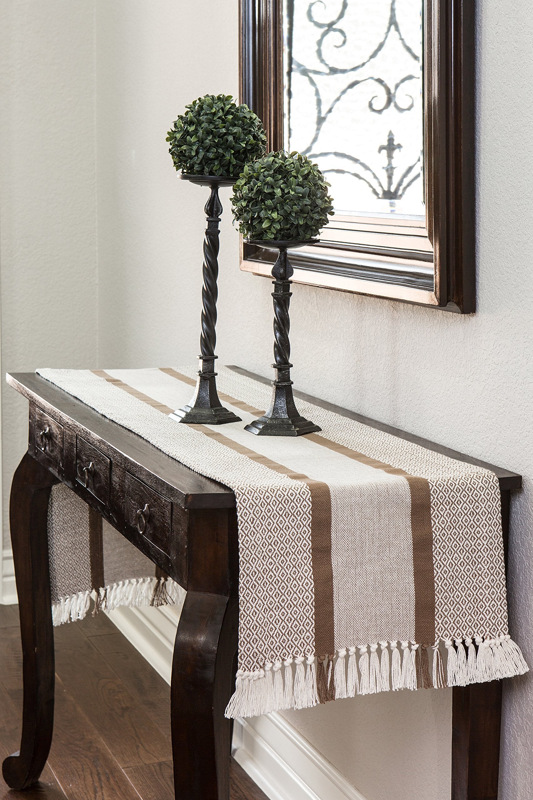 Thanksgiving Table Runner Cotton Farmhouse Boho 14 in x 72 in  Table D?cor for Kitchen or Dining  Tan Cloth Woven Striped Table Runners  Oeko-Tex Cotton