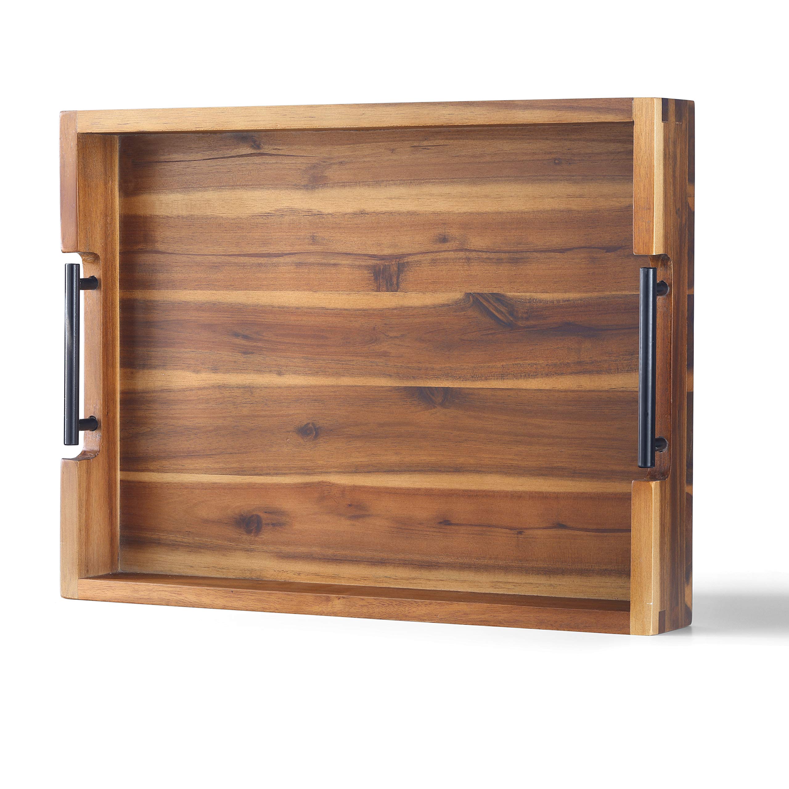 Ottoman Tray, 16.5''X12.5'' Acacia Wood Serving Tray With Black Metal Handles, Great For Ottoman Tray, Food Tray, Breakfast Tray