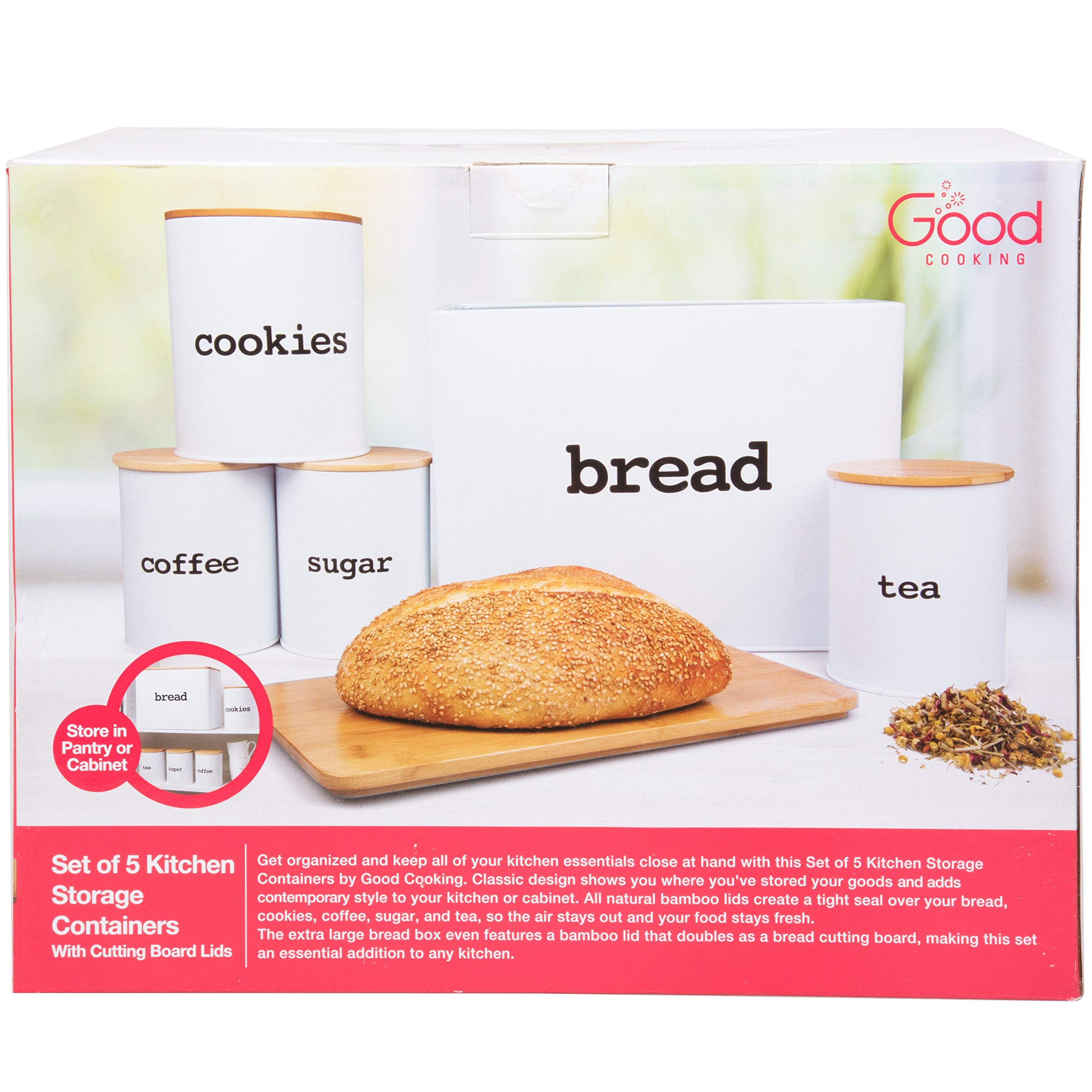 Canister Set For The Kitchen (5 Pieces)- White Tin Organizers W Air Tight Lids- Tea Sugar Coffee, Cookie Jar, Breadbox & Bonus B