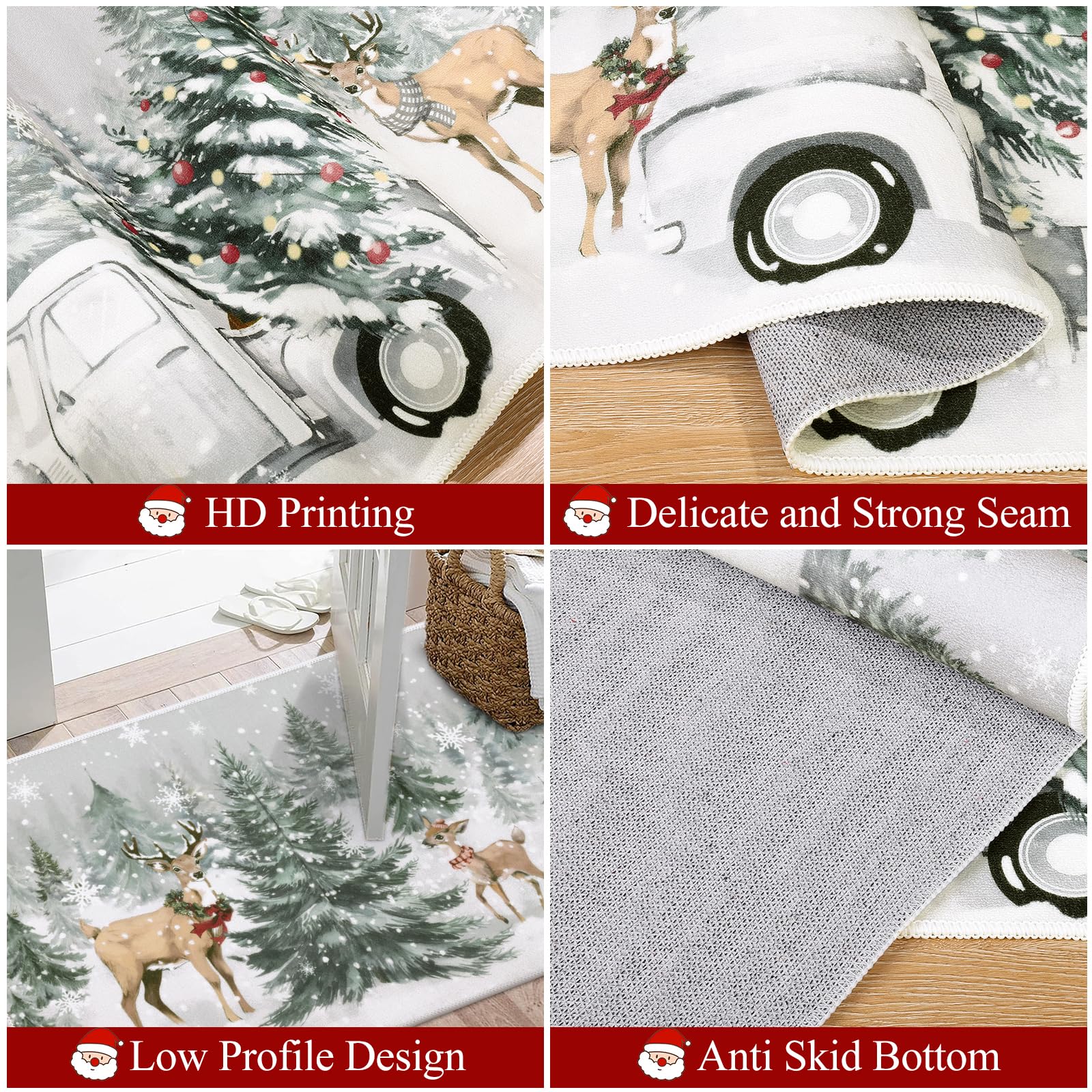 U Artlines Christmas Kitchen Rug and Mat Set of 3, Non Skid Xmas Tree Snowman Deer Kitchen Mats for Home Decor, Washable Runner