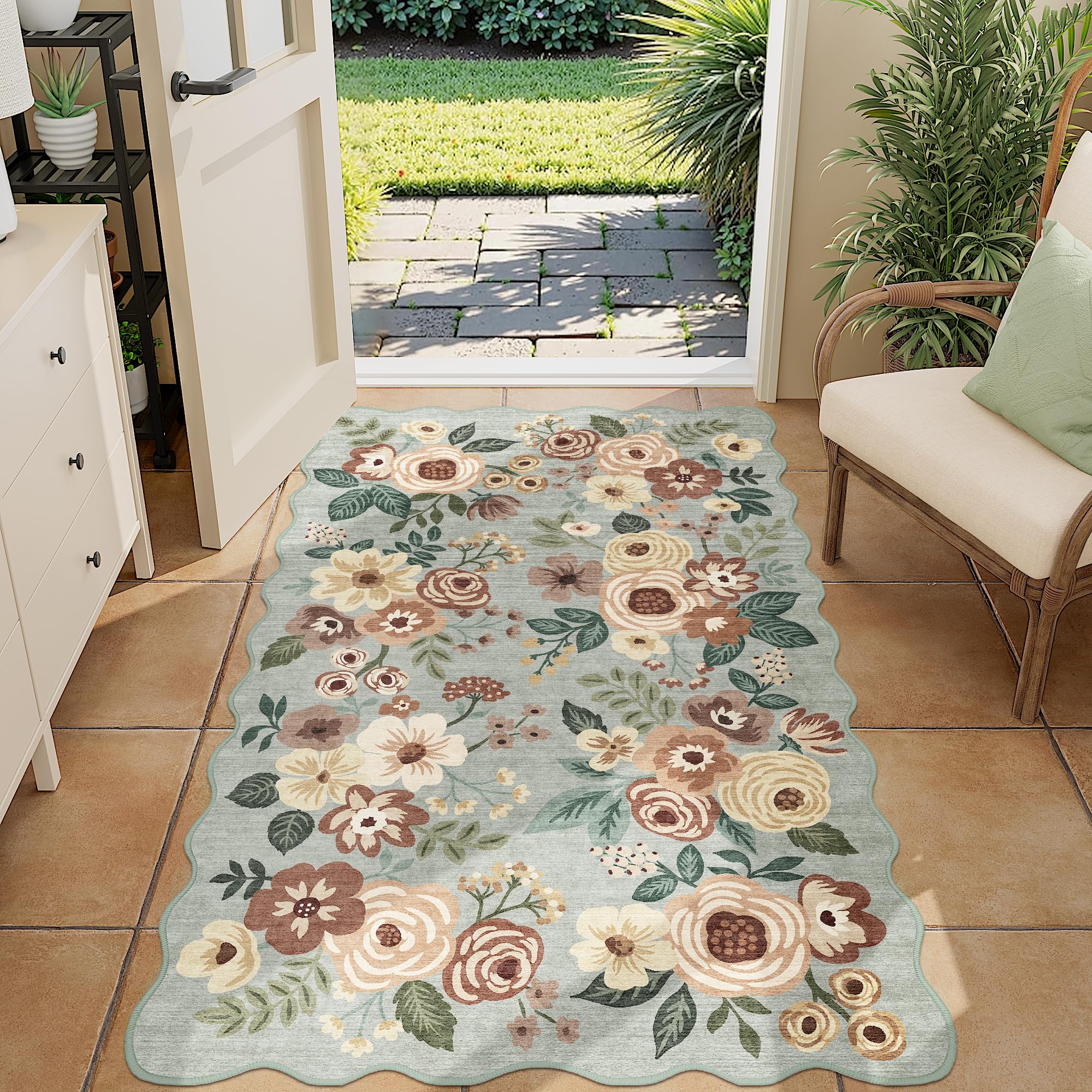 DUKINO 3x5 Area Rug, Floral Non-Slip Indoor Washable Rug with Low Pile & Non-Shedding, Lightwight Boho Design Carpet for Entrywa