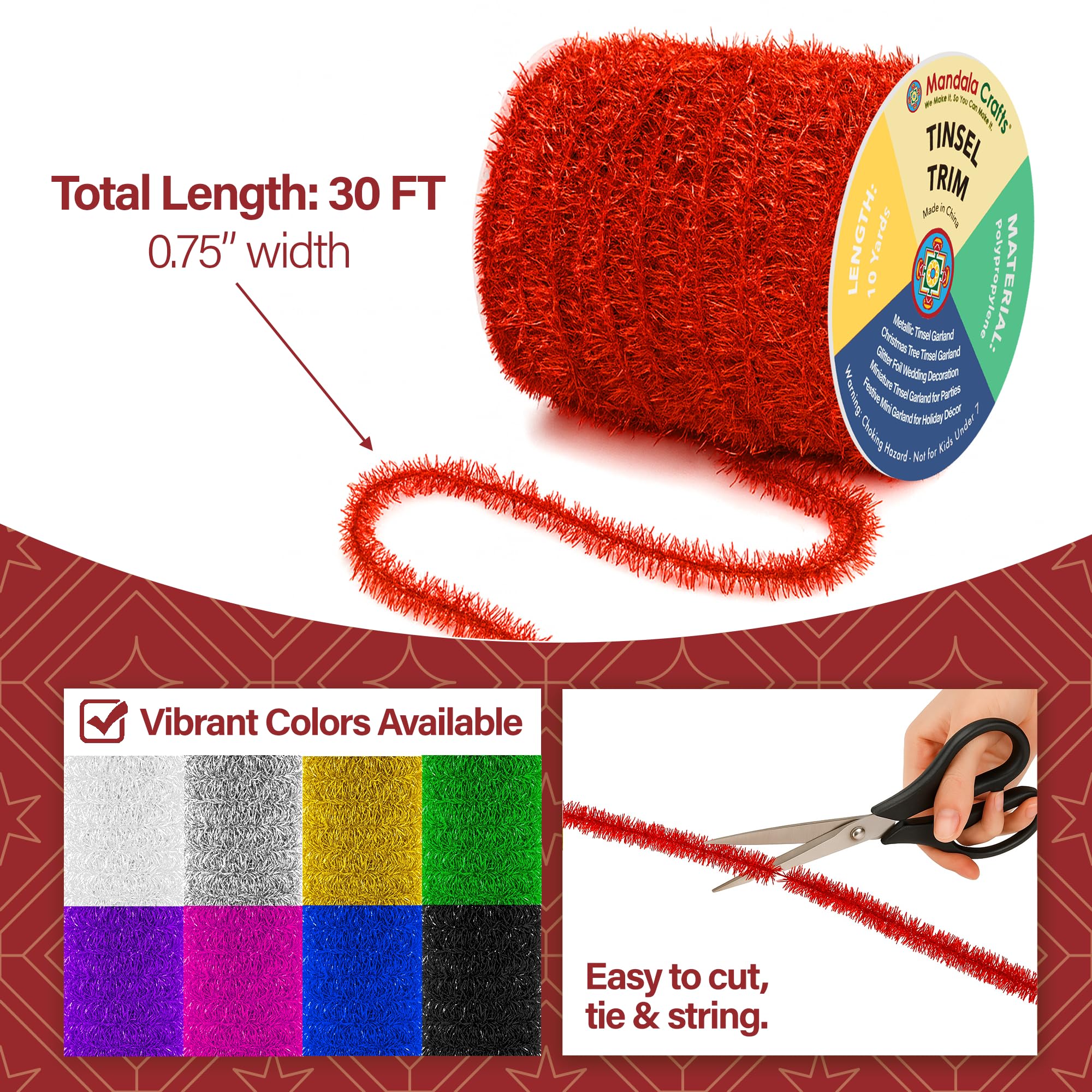 Mandala Crafts Red Tinsel Garland - 30 Feet Thin Metallic Foil Glitter Mini Garland for Christmas Tree, Party, Wedding Decor, an