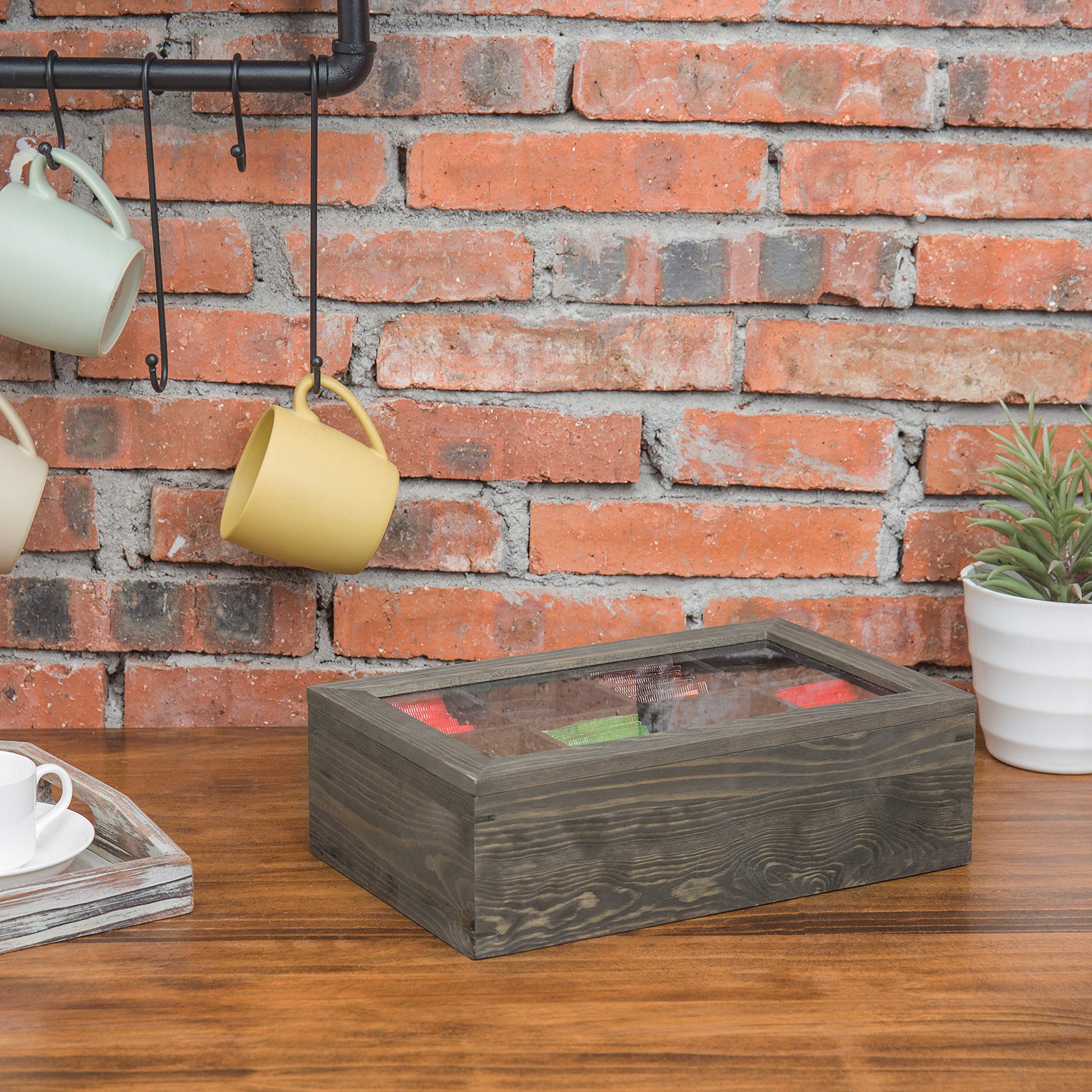 Mygift Vintage Gray Wood Tea Bag Holder Storage Box With 8 Compartments And Clear Lid