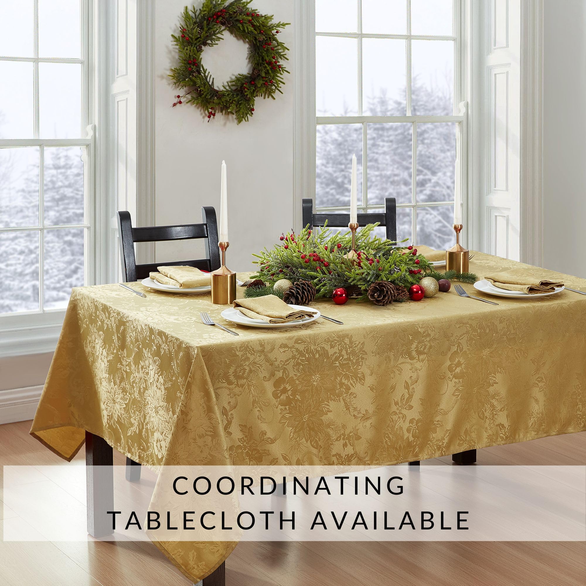 Elrene Home Fashions Poinsettia Elegance Jacquard Christmas/Holiday Cloth Dinner Napkins, Set Of 4, 17''X17'', Gold