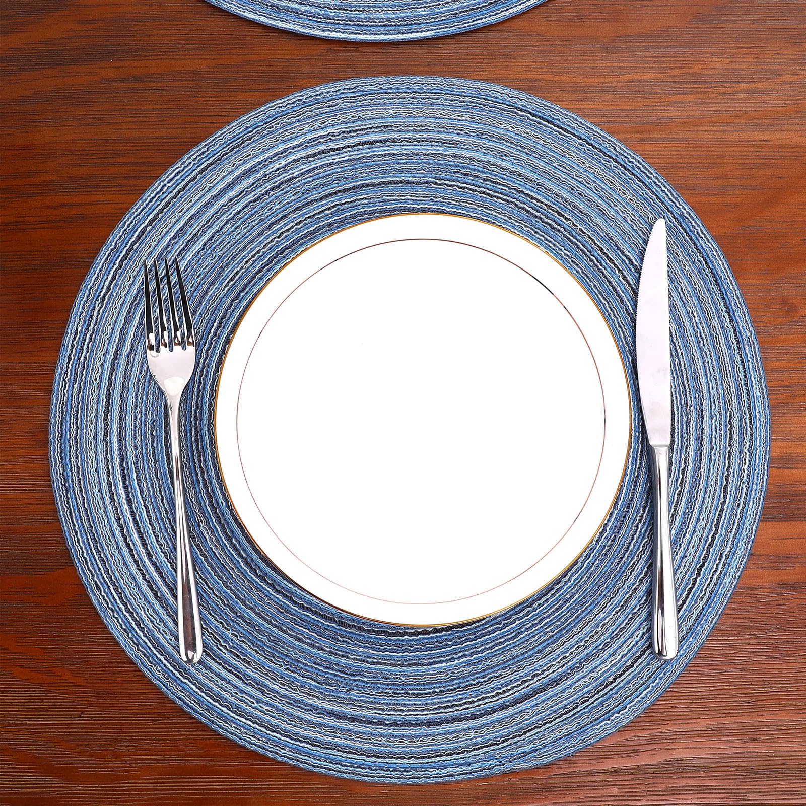 Shacos Round Braided Placemats Set Of 6 Circle Place Mats Kitchen Table Mats For Dining Table Wedding Party (Blue Gray, 6)