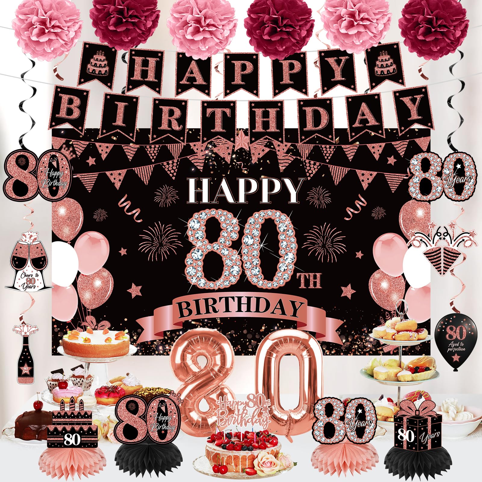 42Pcs 80Th Birthday Decoration Kit For Women, Rose Gold Happy 80Th Bday Banner Balloons Honeycomb Centerpiece Swirl Paper Pompom