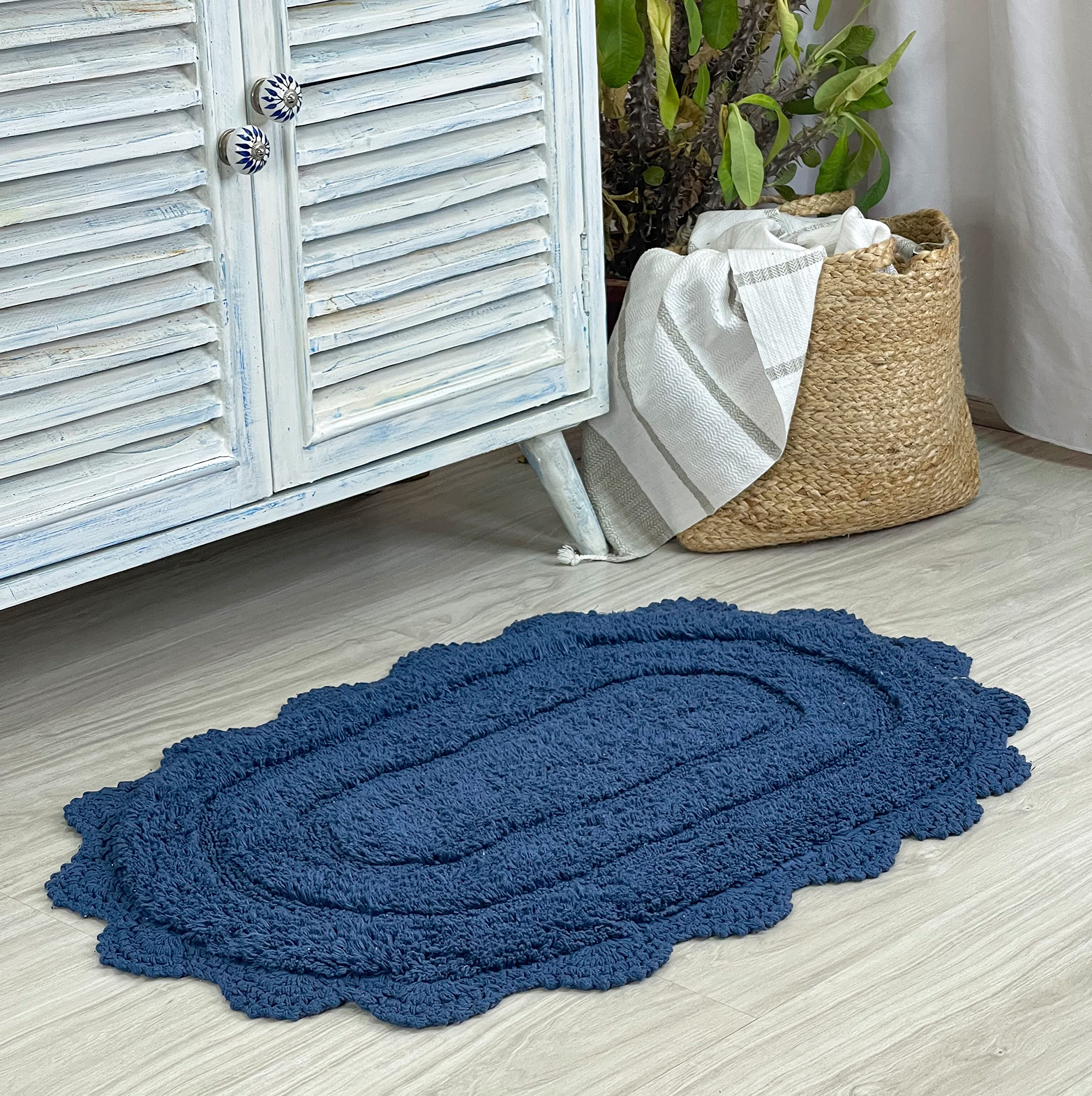 Chardin Home Blue Crochet Bathrug, 100% Cotton Oval Bathmat With Artisanally Handcrafted Crochet Border, 21X34 Inch, Medium Rug,