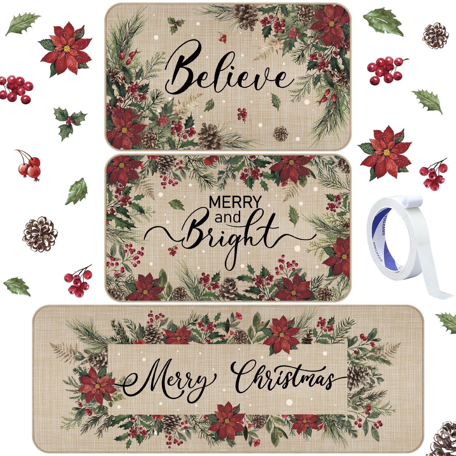Drydiet 3 Pcs Christmas Poinsettia Kitchen Mat and Rug Non Slip Doormat Washable Waterproof Floor Mats Farmhouse Holiday Kitchen