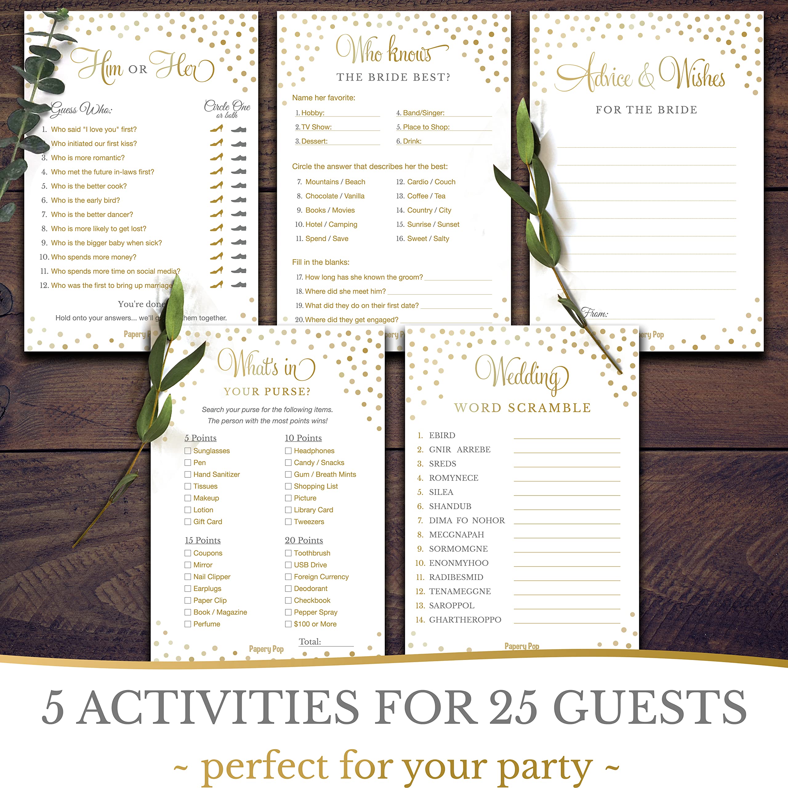 Bridal Shower Games - 5 Activities For 25 Guests - Double Sided Games - Gold Polka Dots