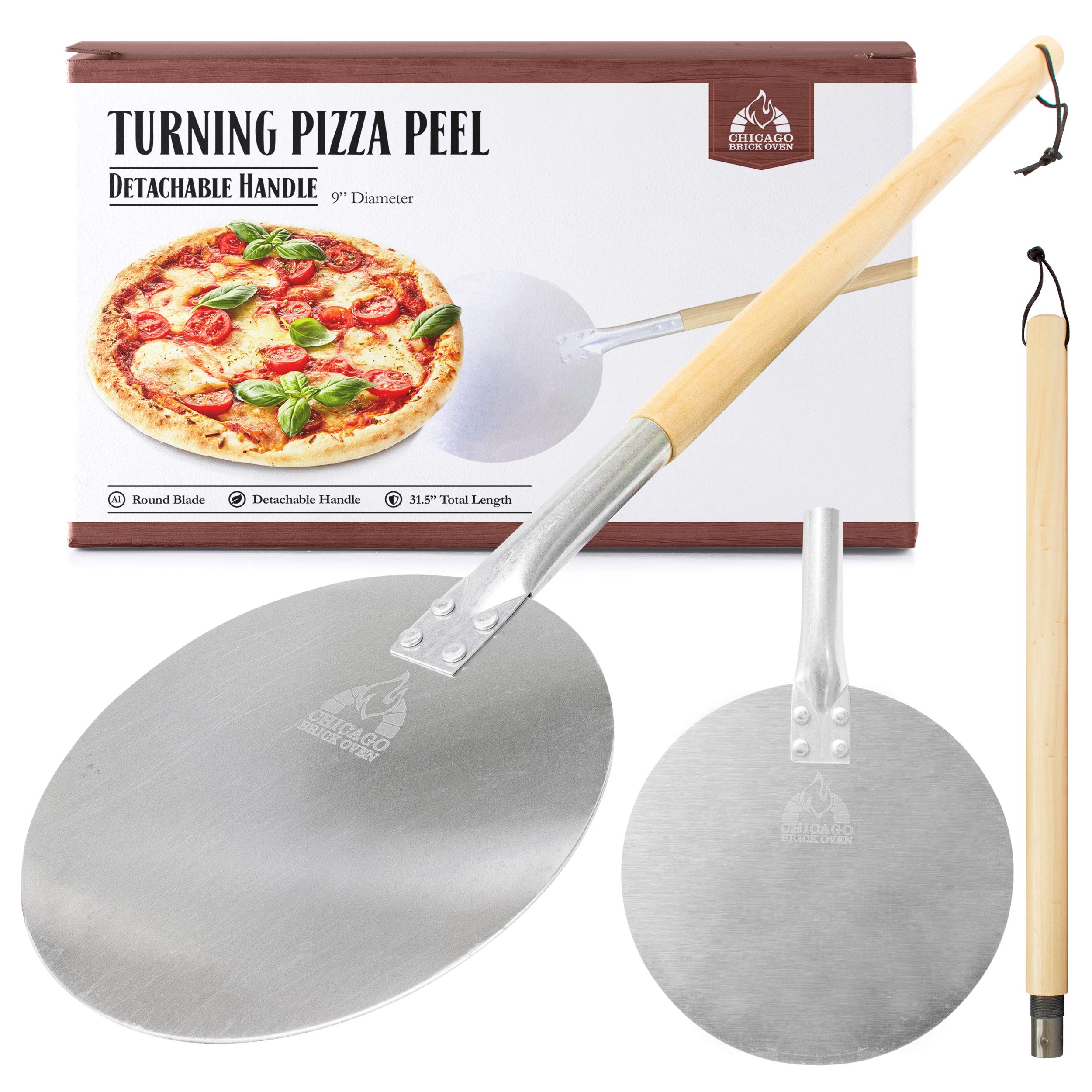 Chicago Brick Oven Aluminum Pizza Peel - Turning Pizza Paddle With Leather Strap And Detachable Wood Handle - Bakeware & Pizza O