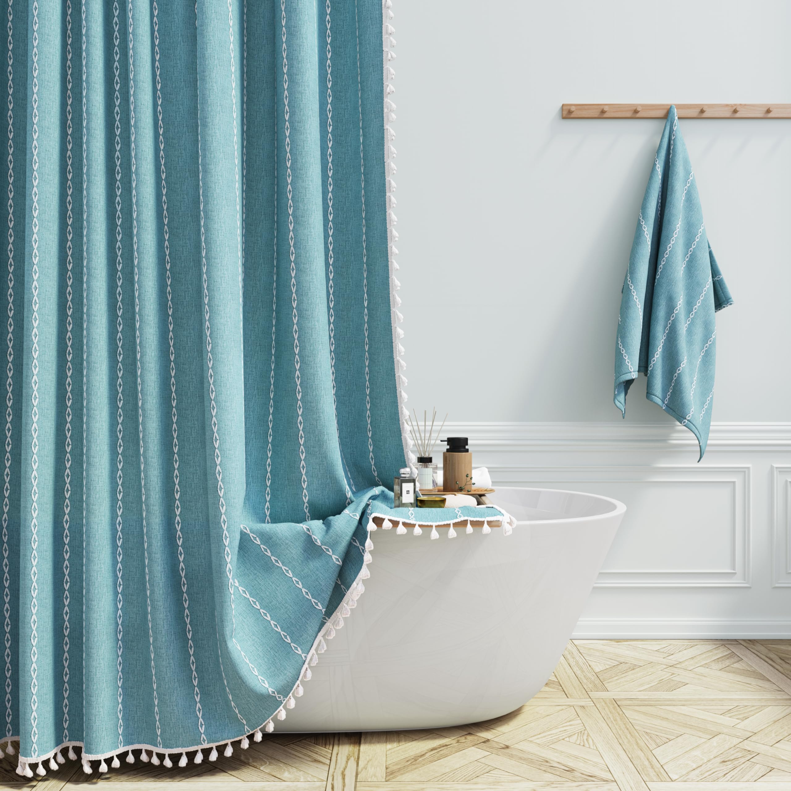 Bttn 78 Inch Long Shower Curtain - Boho Farmhouse Linen Striped Fabric Shower Curtain Set With Tassel, Tall Country Water Repell