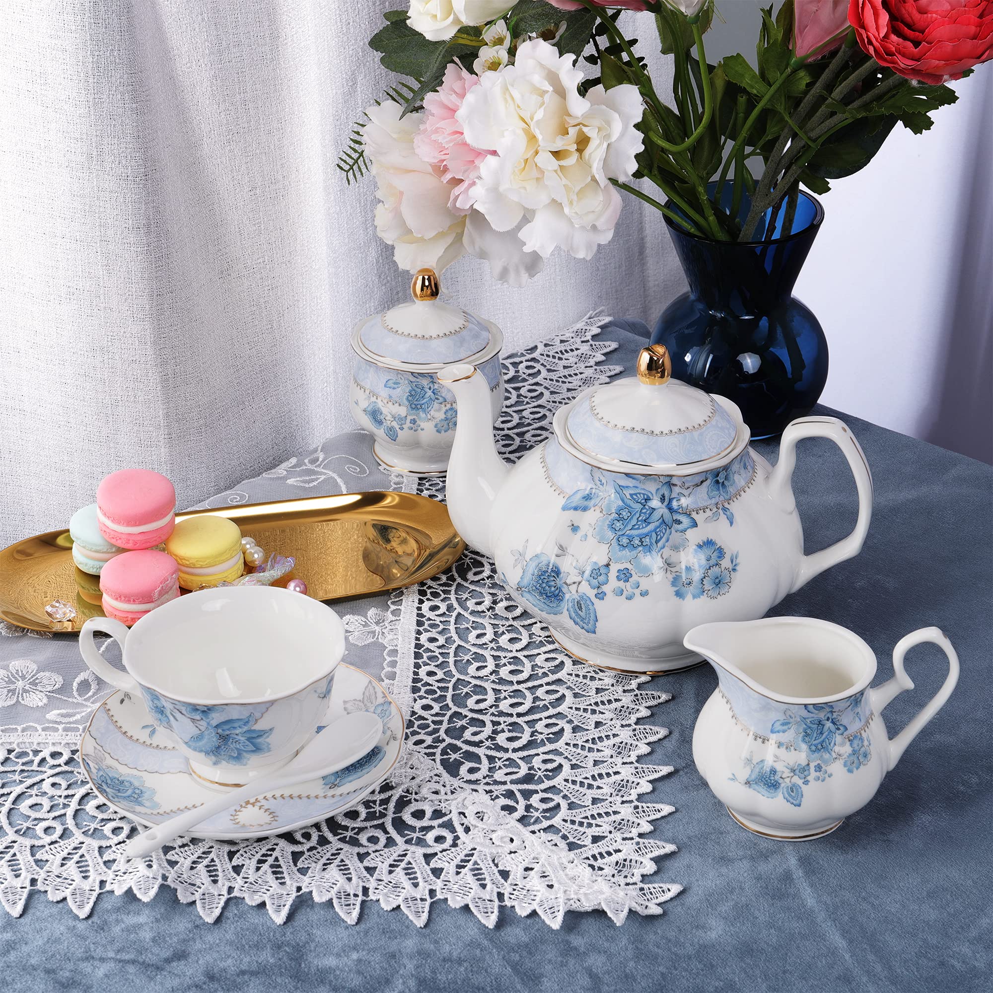 fanquare Blue Flowers Porcelain Tea Set Tea Cup and Saucer Set Service for 6 Wedding Teapot Sugar Bowl Cream Pitcher China Coffee Set