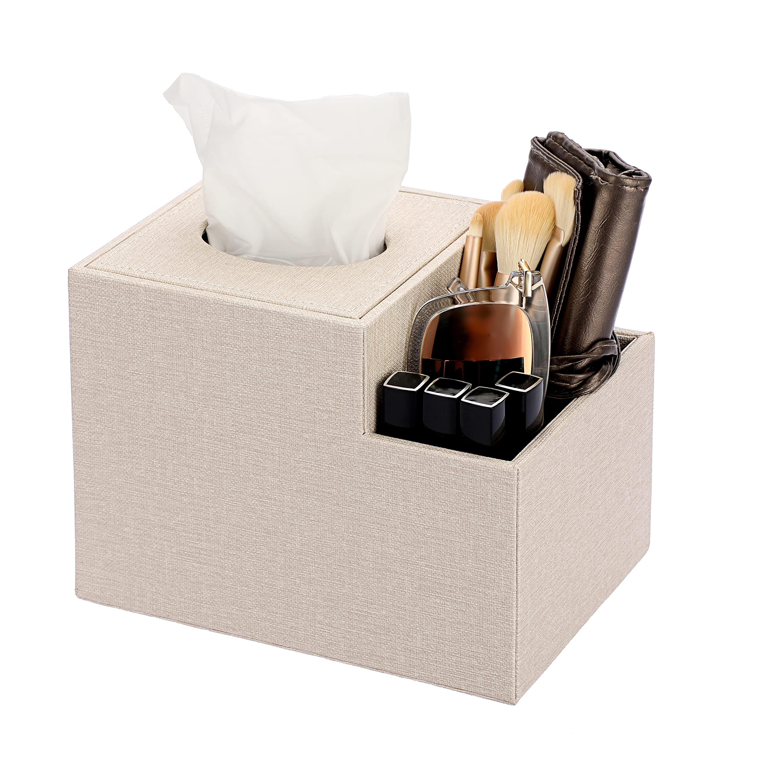 Sumnacon Square Leather Tissue Box Cover - Cube Holder With Side Organizer, Decorative Pu Tissue Box For Living Room Vanity Nigh