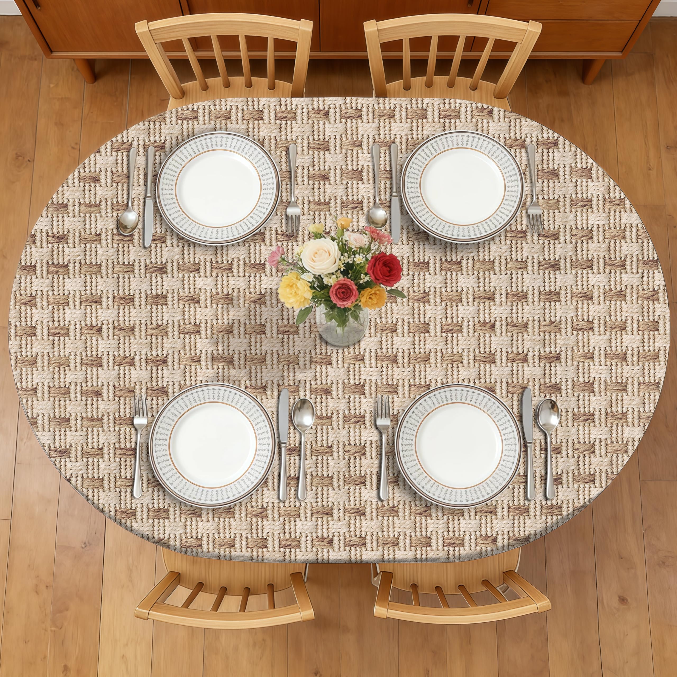 Weave Printed 48 x 68 Inch Oval Fitted Tablecloth with Elastic Edged, Waterproof Oil Proof Wipeable Oblong Table Cover for Indoo