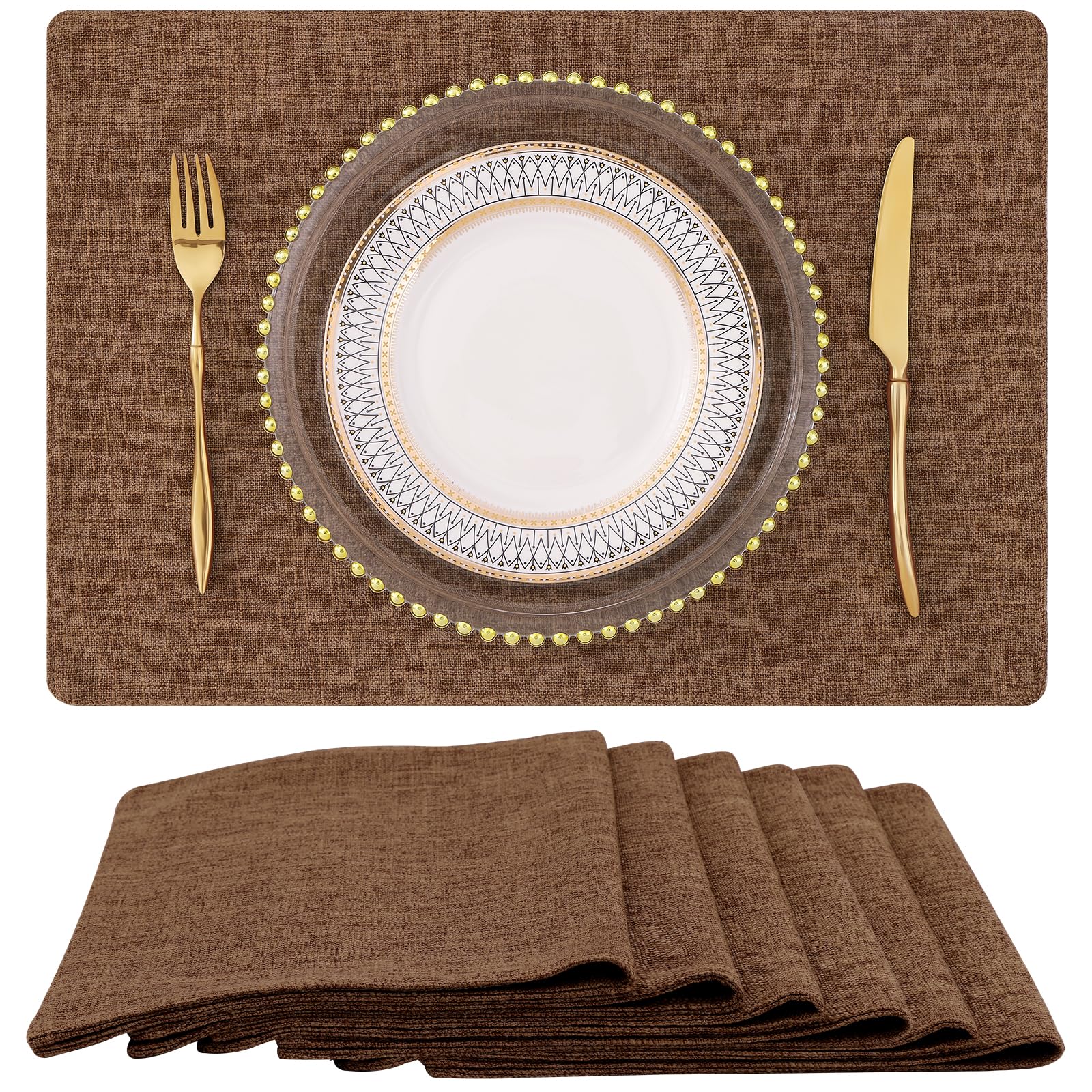 Homing Brown Cloth Placemats Set Of 6 - Cotton Linen Blend Washable Farmhouse Dining Table Mats For Indoors & Outdoors, Easy To