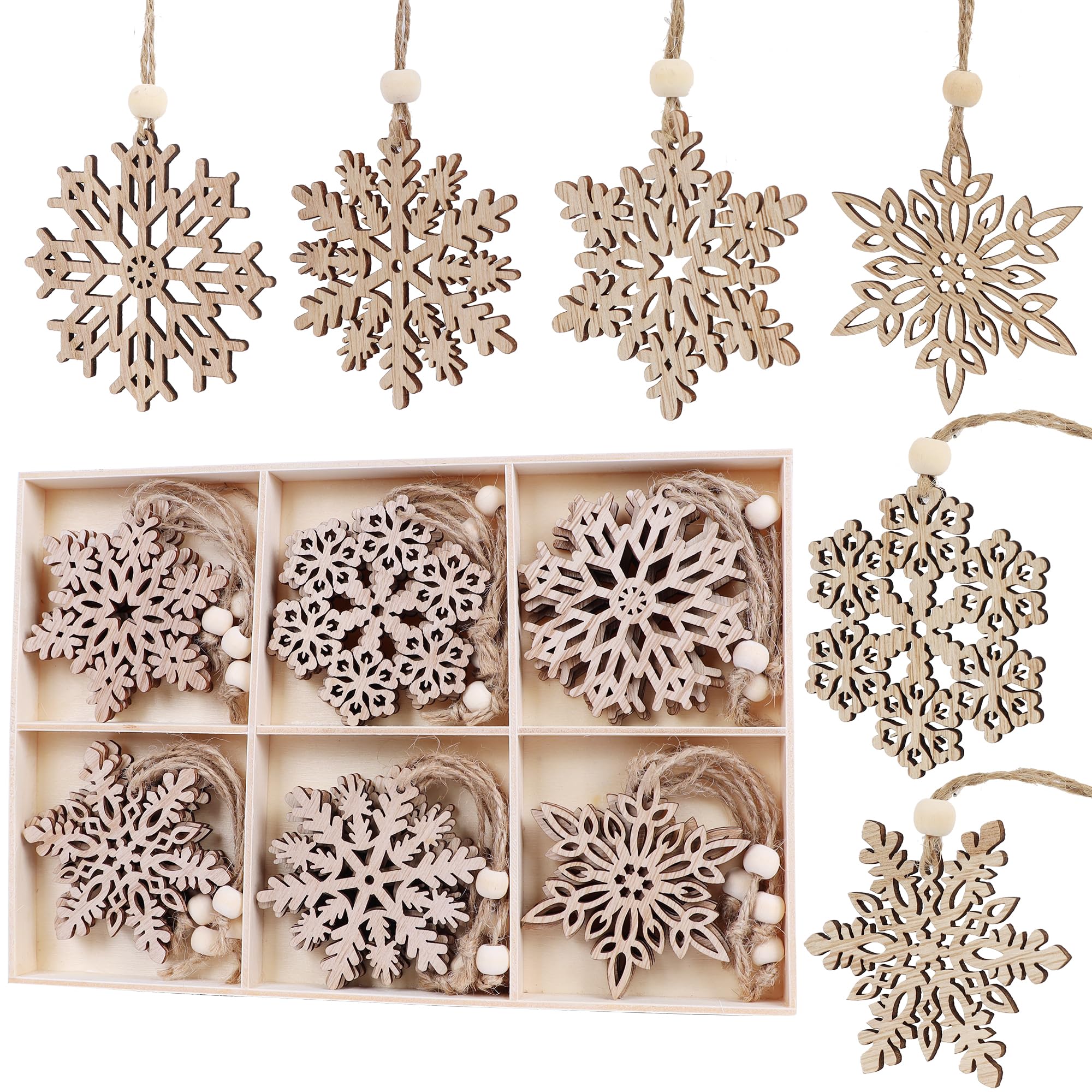 24 Pieces Wooden Christmas Snowflakes Ornaments 3inch Snow Flake Hanging Ornament for Rustic Christmas Tree Decoration Holiady G
