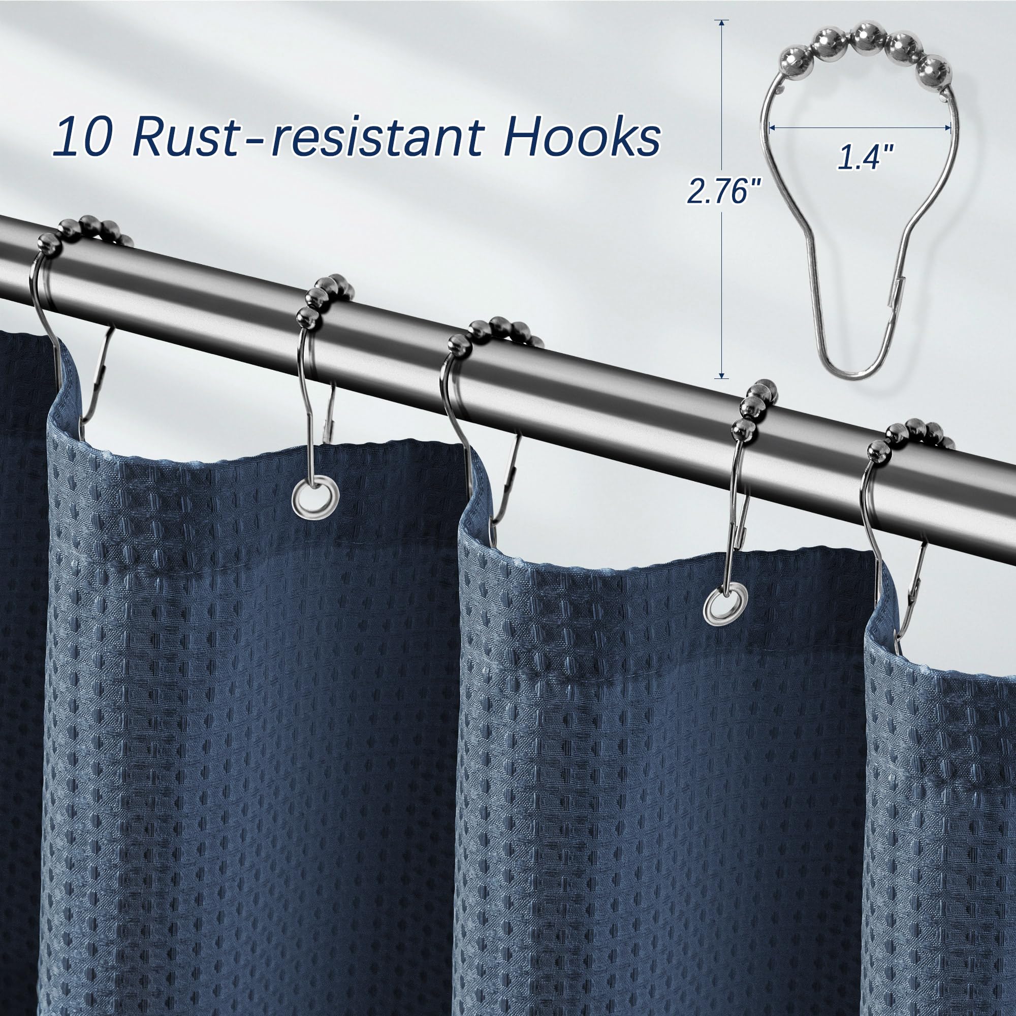 Pangsinne Navy Blue Shower Curtain Waffle Weave 60 Inches Heavy Fabric Duty Shower Curtains For Stall, Water Repellent 256Gsm We