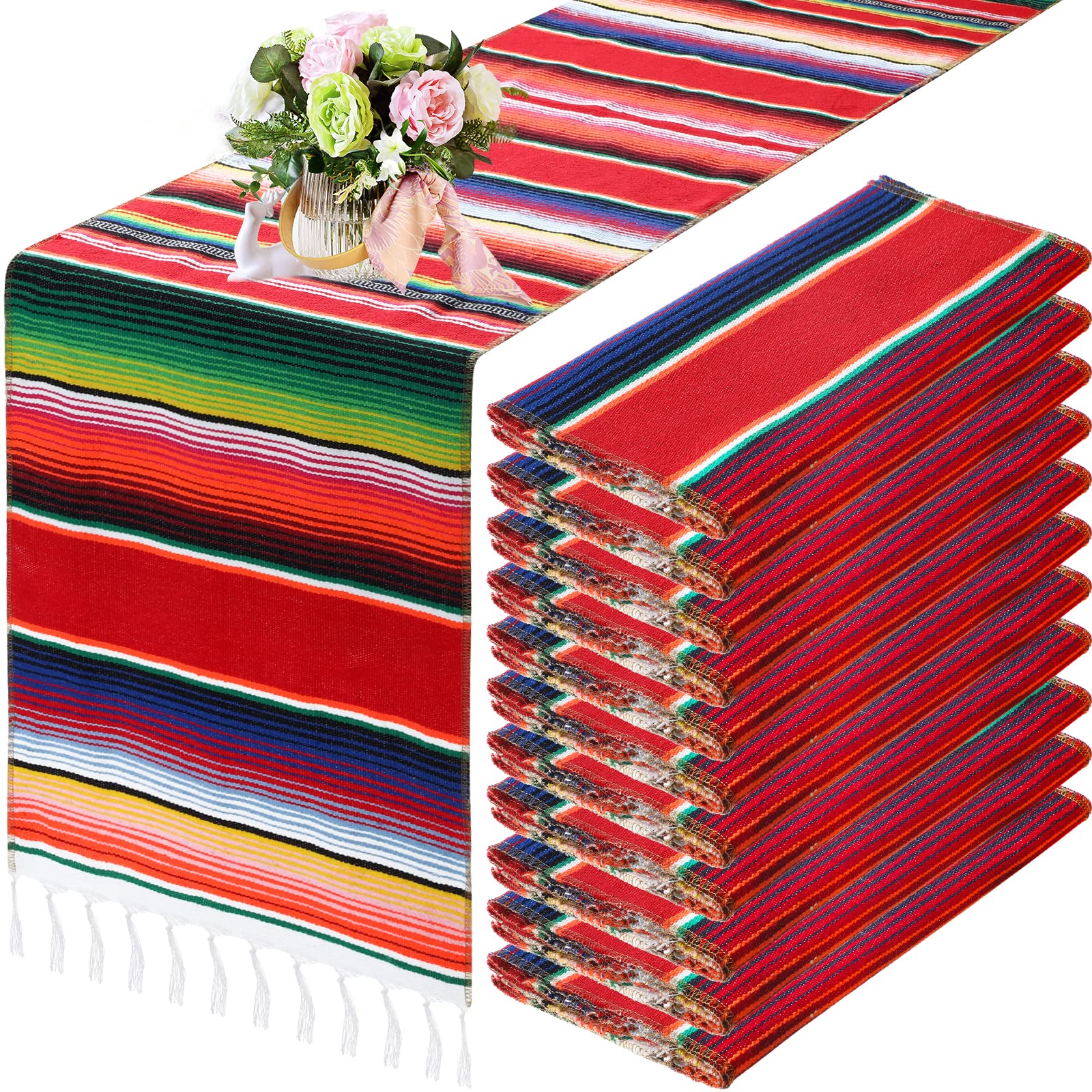 12 Pcs Mexican Serape Table Runner Mexican Party Table Blanket Serape Colorful Striped Runner Fringe Cotton Table Runner Decorat