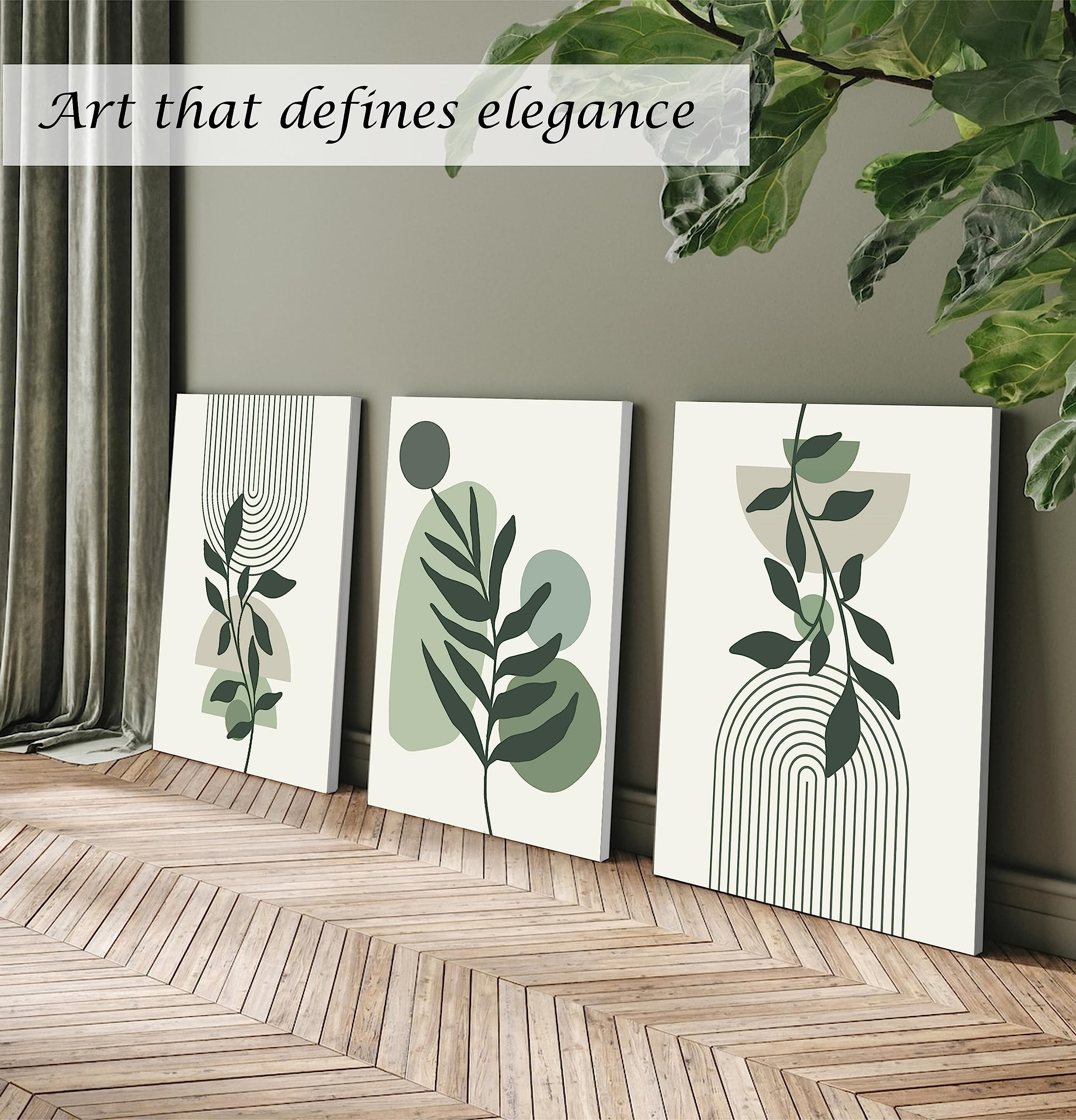 Induslyfe Large Framed Boho Canvas Wall Art Set Of 3, Mid Century Modern Room Decor, Minimalist Sage Green Botanical Boho Bathro