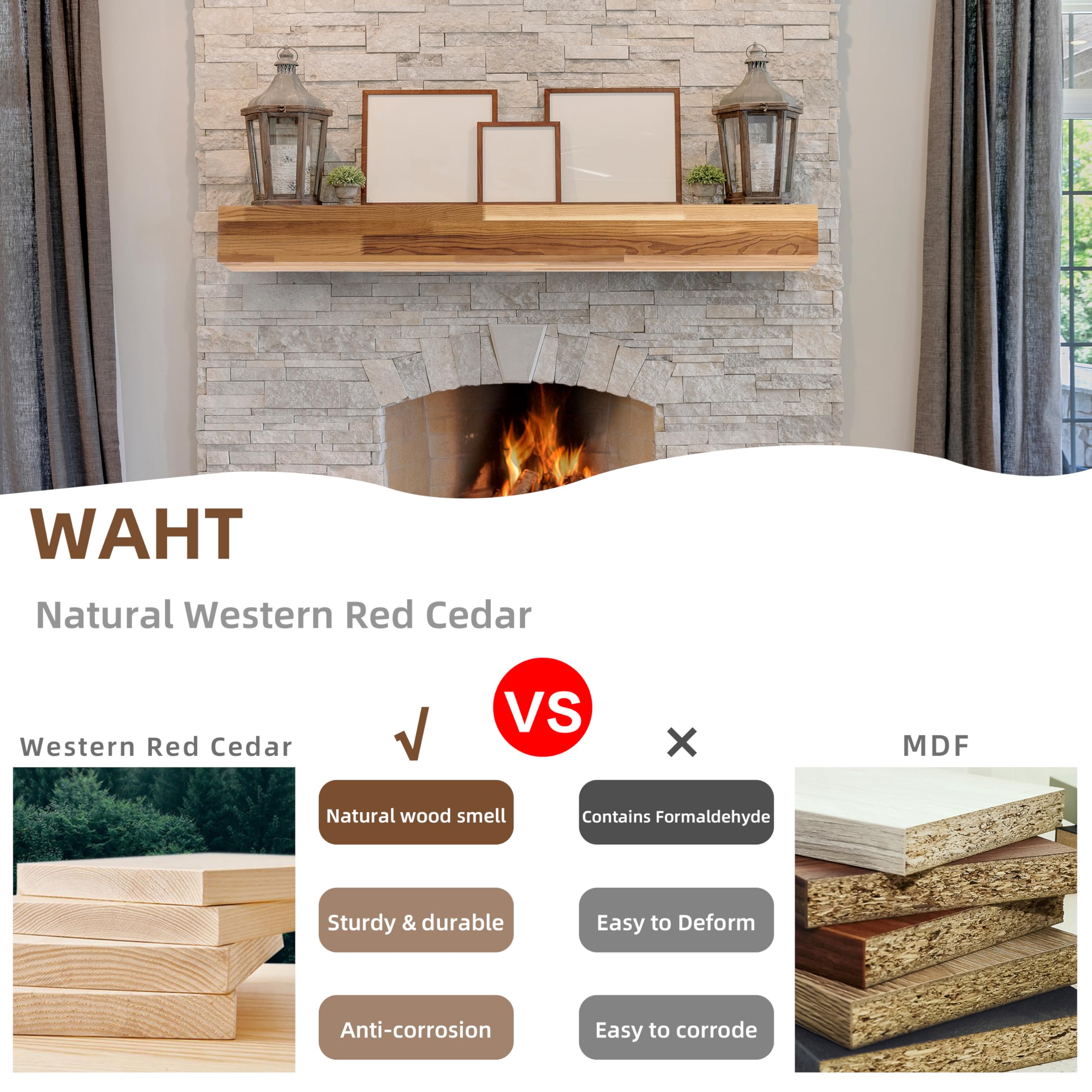 60'' Western Red Cedar Wood Fireplace Mantel | Wall-Mounted & Floating Shelf For Home Decor