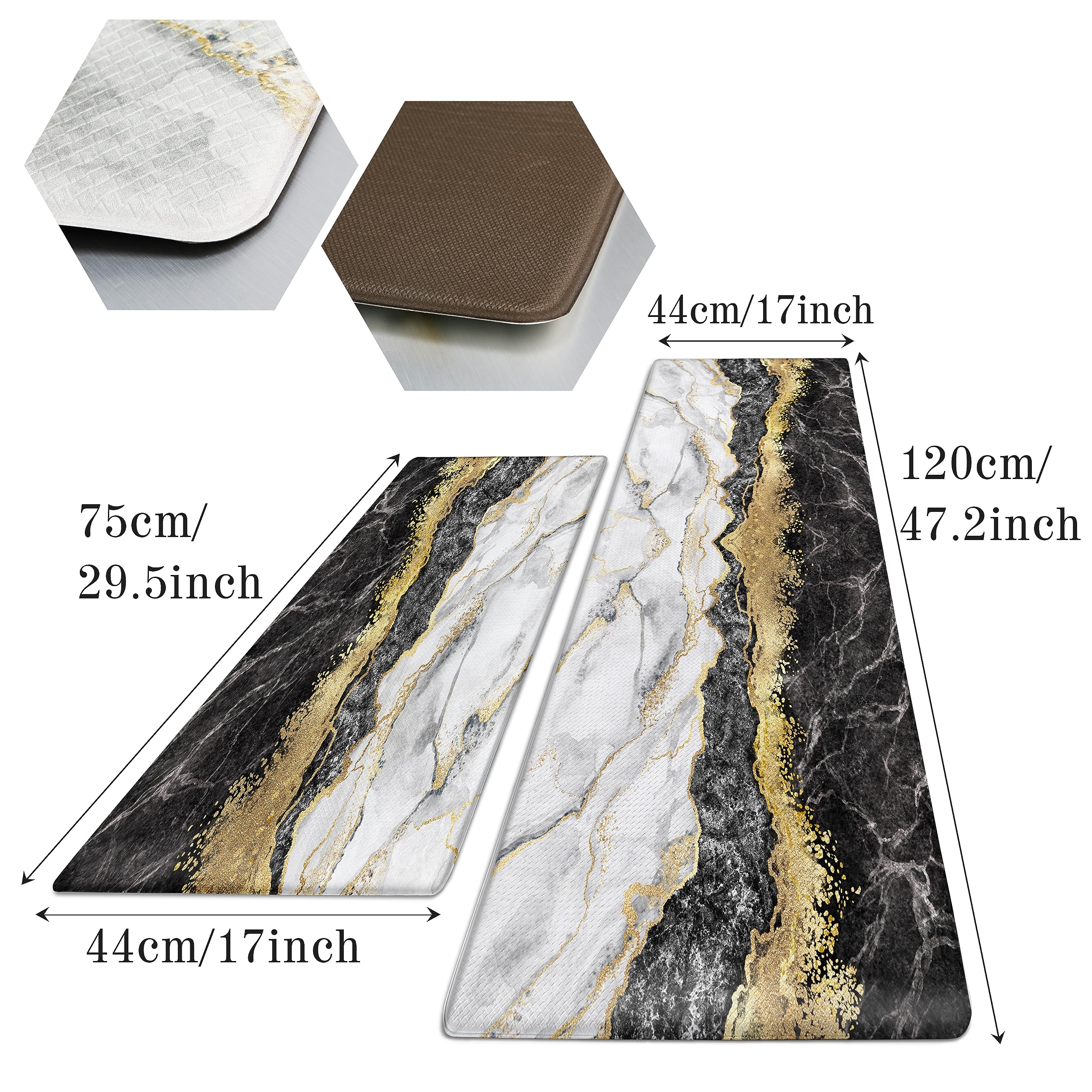 Black Gold Marble Kitchen Mat And Rugs 2 Pieces Anti Fatigue Cushioned Kitchen Floor Mat Non-Slip Leather Kitchen Mats Set For H