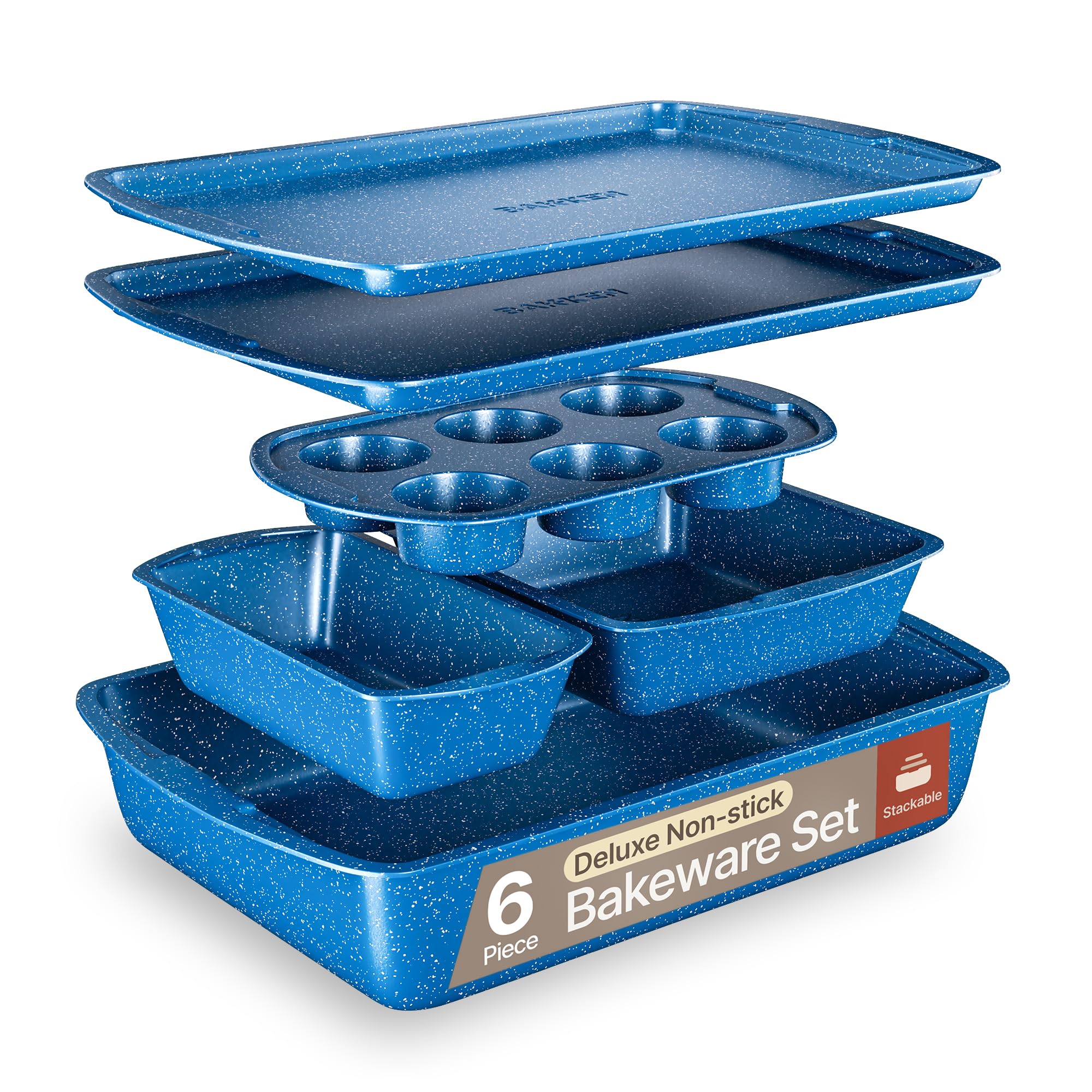 BAKKEN Kitchen Baking Pan Set - Nonstick Blue Marble Coating, Commercial Grade Carbon Steel Bakeware Sets, Baking Kitchen Essent