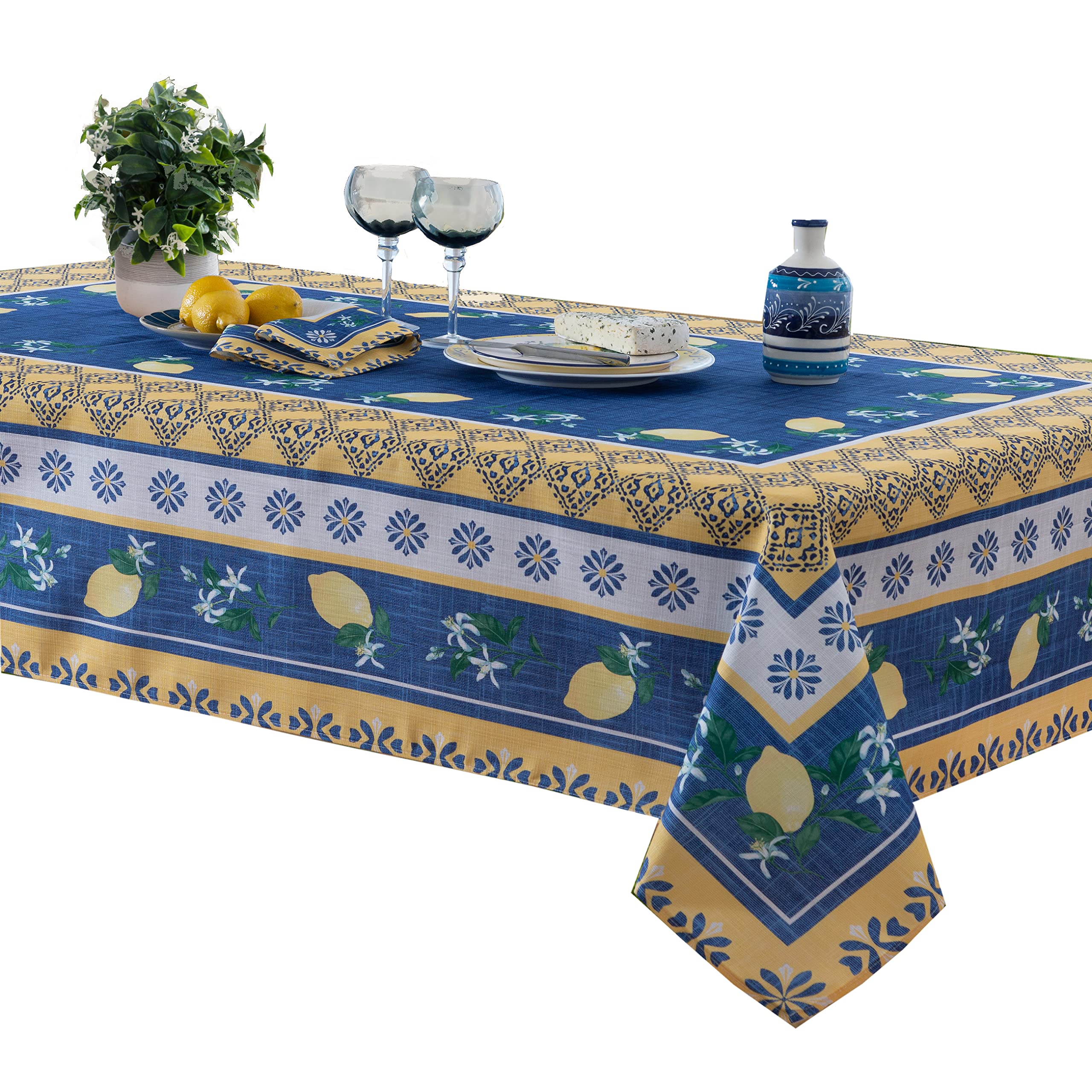 Home Bargains Plus Rectangle Fabric Tablecloth, 60 x 120 Inch, Blue Lemon Garden, Indoor Outdoor Stain and Water Resistant Fabri