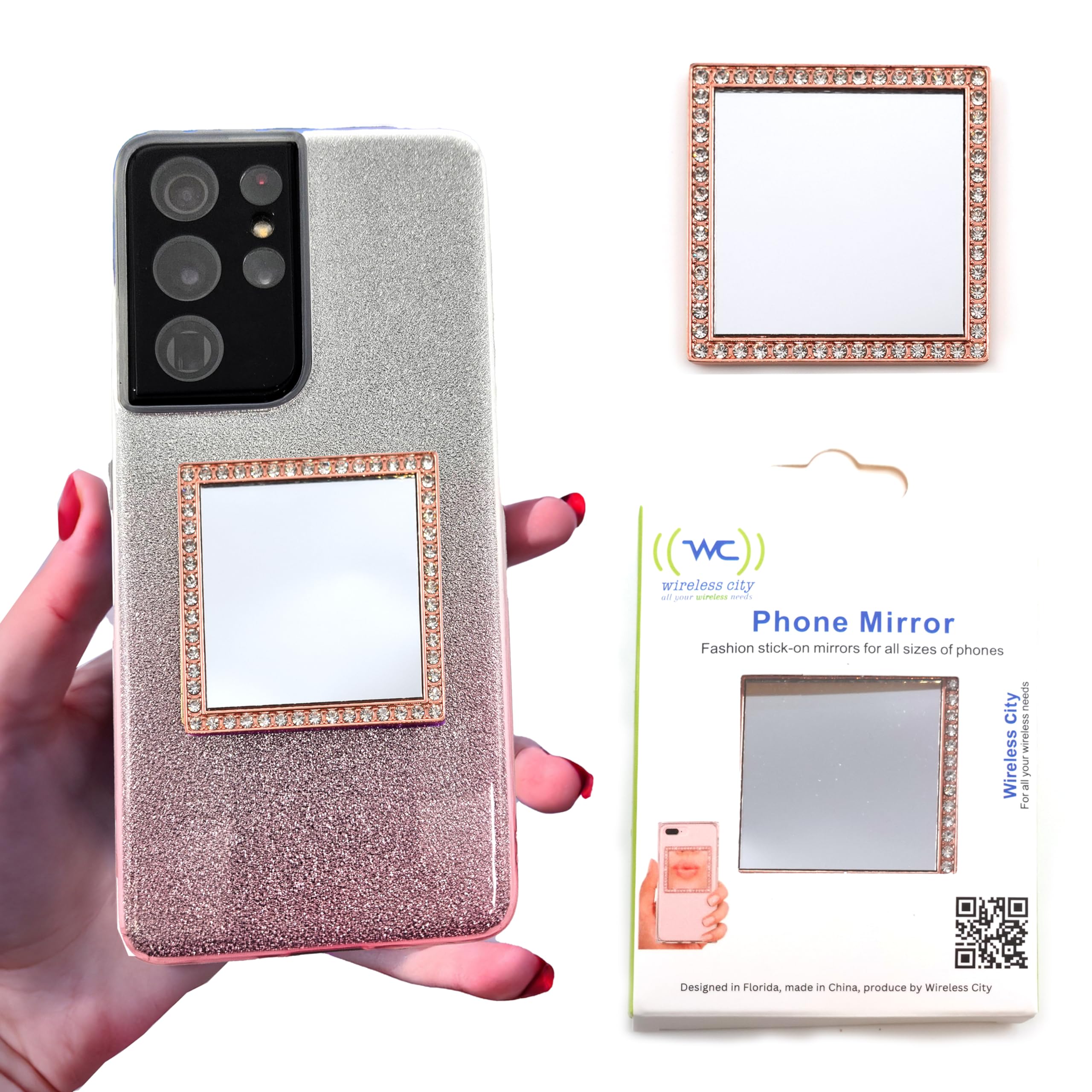Wireless City Diamond Bling Makeup Mirror For Phone Case - Rose Gold, Stick-On Vanity Mirror With Cubic Zirconia Stones, Univers