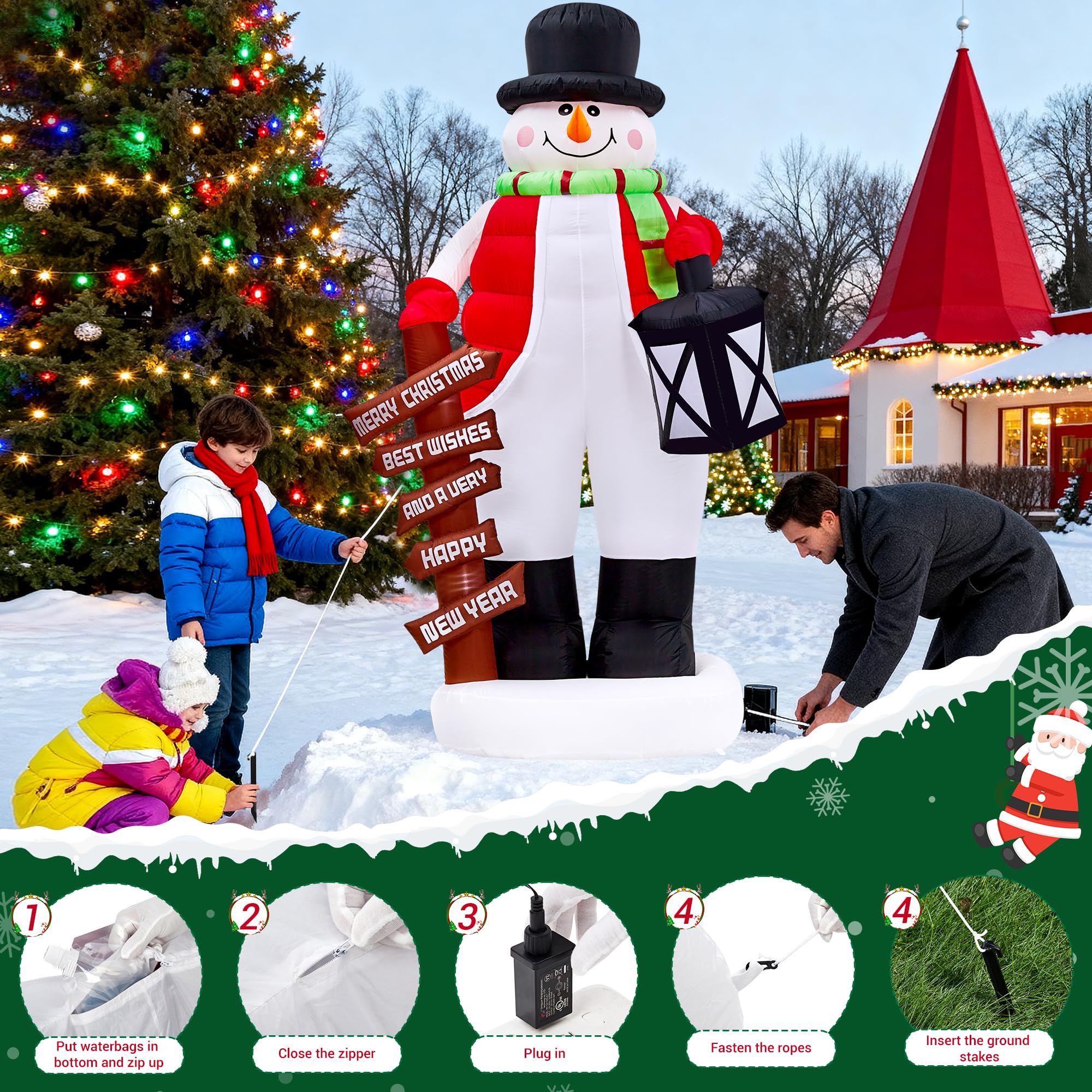 8FT Christmas Inflatable Giant Snowman Outdoor Decorations, Blow Up Snow Man Yard Decor with LED Lights, Magic Hat, Weatherproof