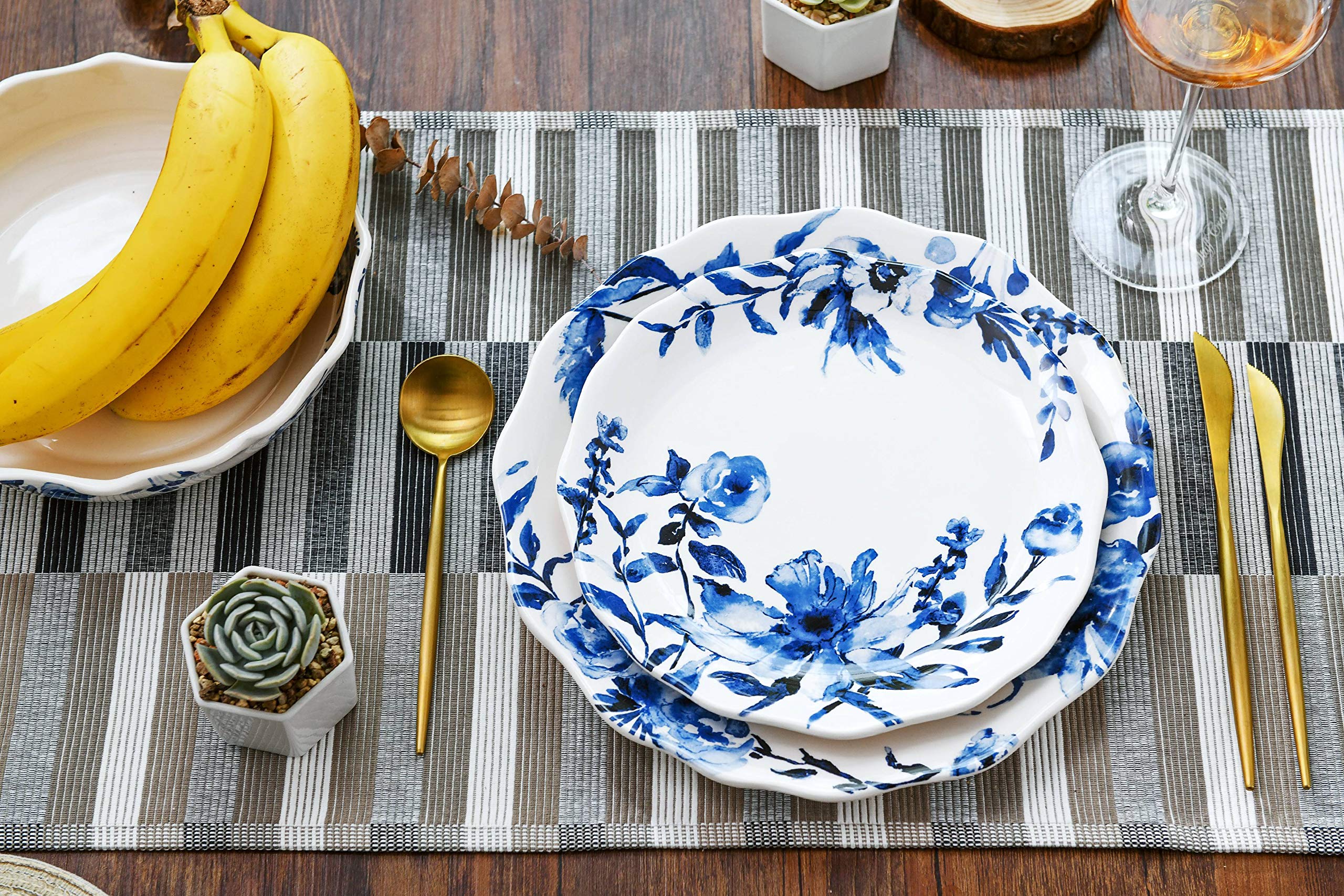 Bico Watercolor Blue Flower Ceramic 32Oz Scalloped Dinner Bowls, Set Of 4, For Pasta, Salad, Cereal, Soup & Microwave & Dishwash