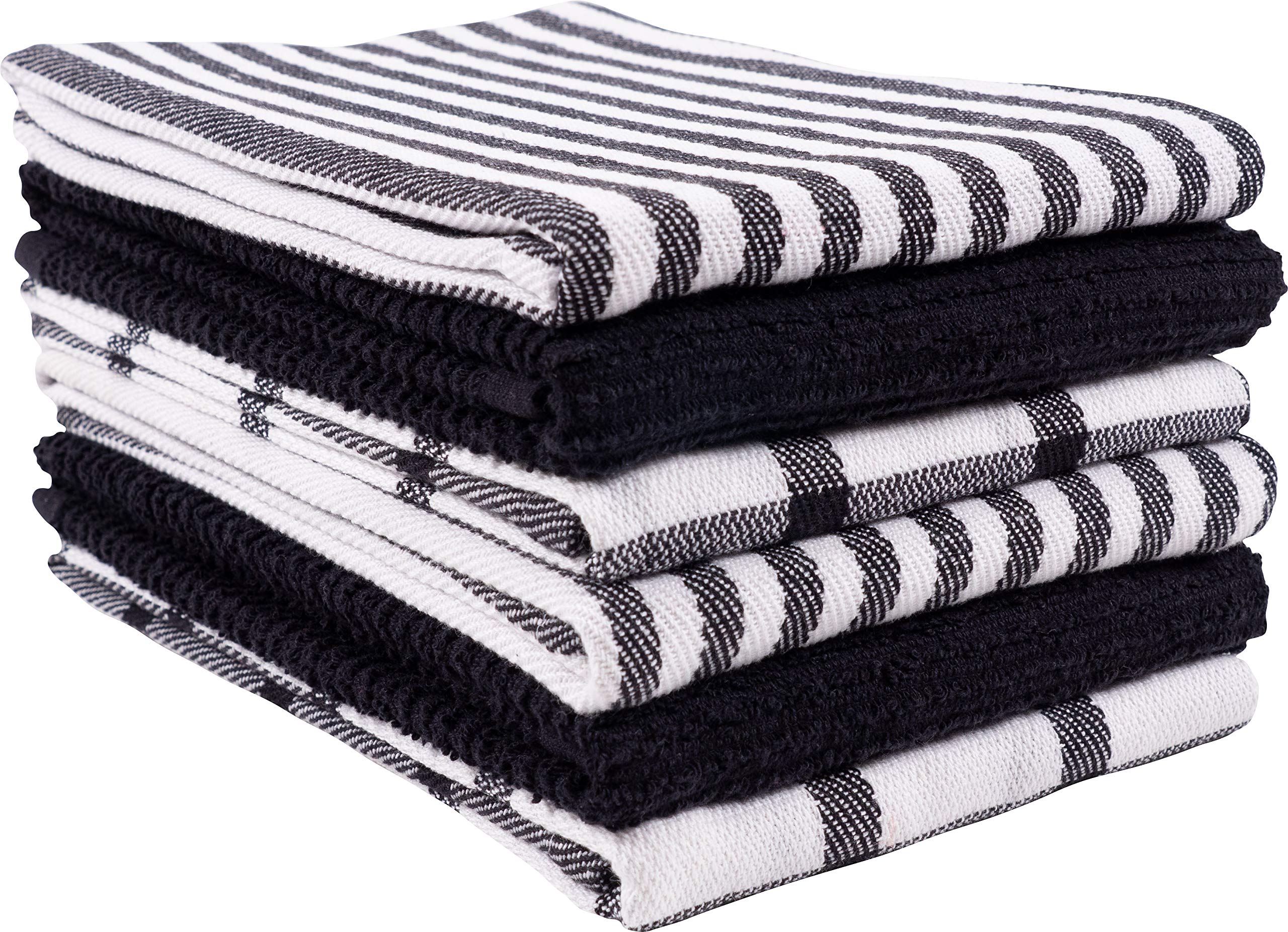 Kaf Home Premium Kitchen Towels (18'' X 28'', 6 Pack), Large 100% Cotton, Flat & Terry Absorbent Dish Towel Set (Black)