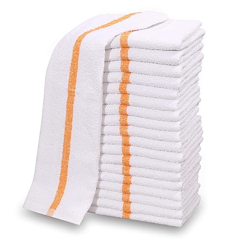 12 Pc New Cotton Blend White Restaurant Bar Mops Kitchen Towels (1 Dozen ) (12, Gold Stripe)